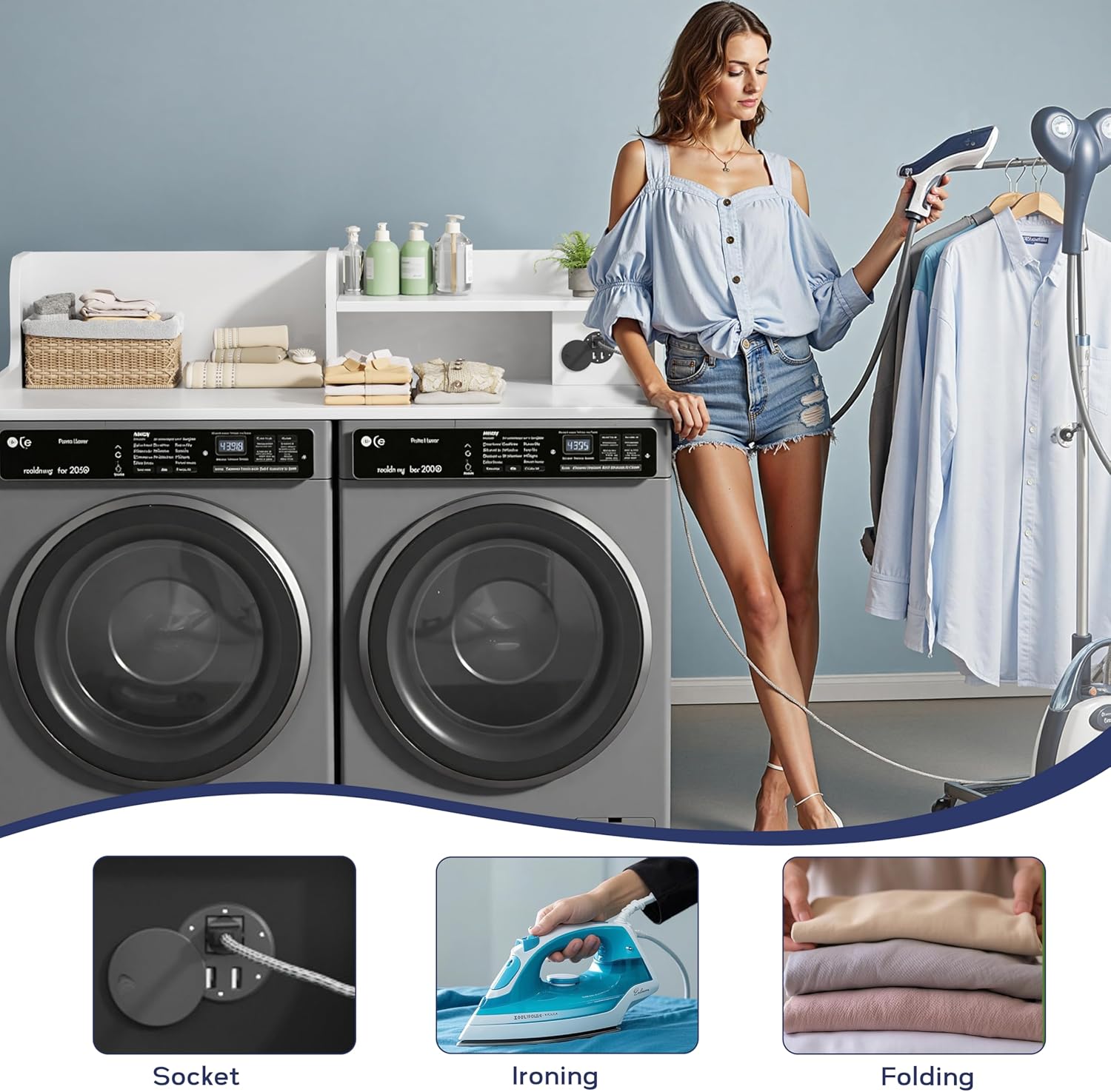 DTK Washer Dryer Countertop with Charging Station, 2 Tier Laundry Countertop with Anti-Slip Strips, 27.55