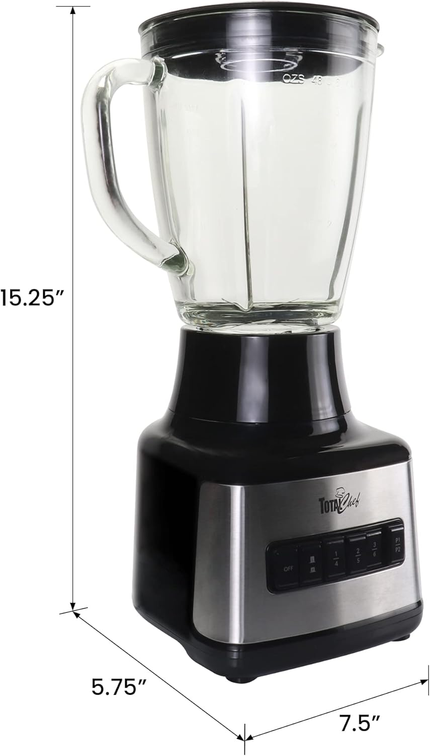 Total Chef Countertop Blender – Electric Mixer for Smoothies, Ice Crush & Pulse Function, Heavy Duty Glass Pitcher licuadora With 6 Speed, Kitchen Appliance, Dishwasher-Safe Jar, Black