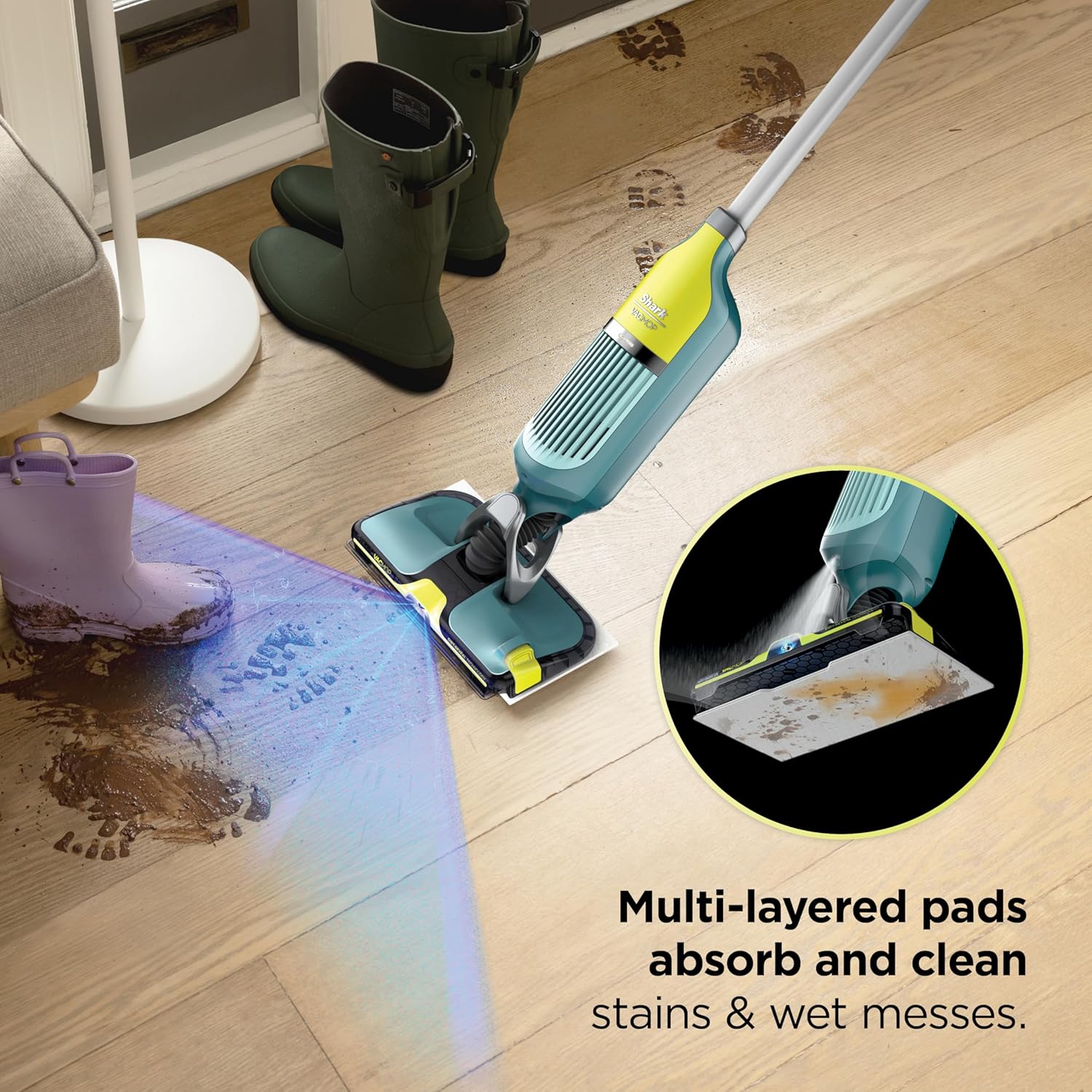 Shark VACMOP Reveal New Cordless Hard Floor Cleaner, Vacuum & Spray Mop, Powerful Suction, Lightweight, Illumination Light, Includes 4 Disposable Pads, 12oz Pet Multi-Surface Cleaning Solution, VM401