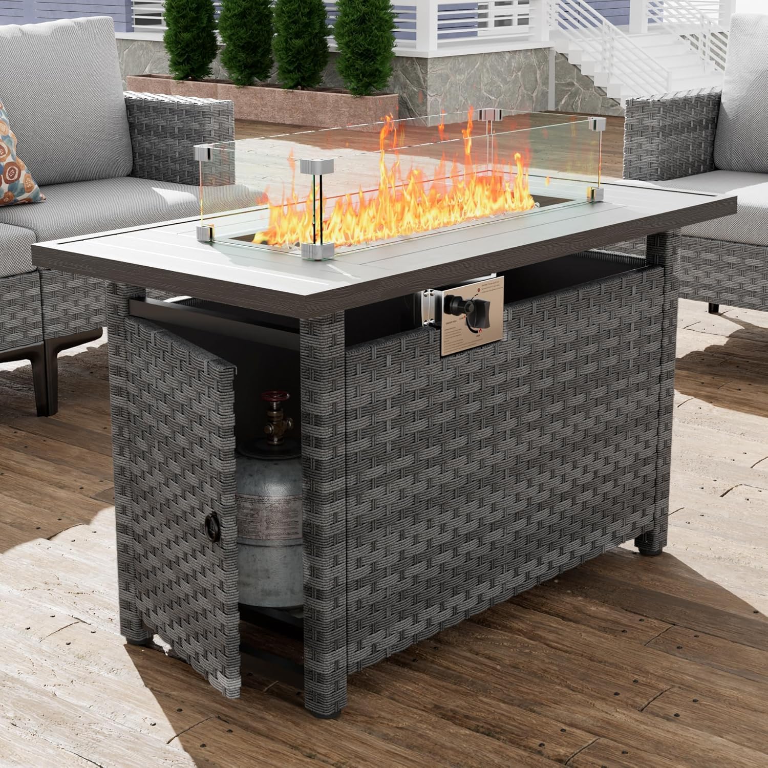 Restland 44” Propane Fire Pit Table 60000 BTU Rectangle Outdoor Fire Pit Table with Wind Guard & Waterproof Cover CSA-Certified Rattan Gas Firepit for Patio, Party, Backyard