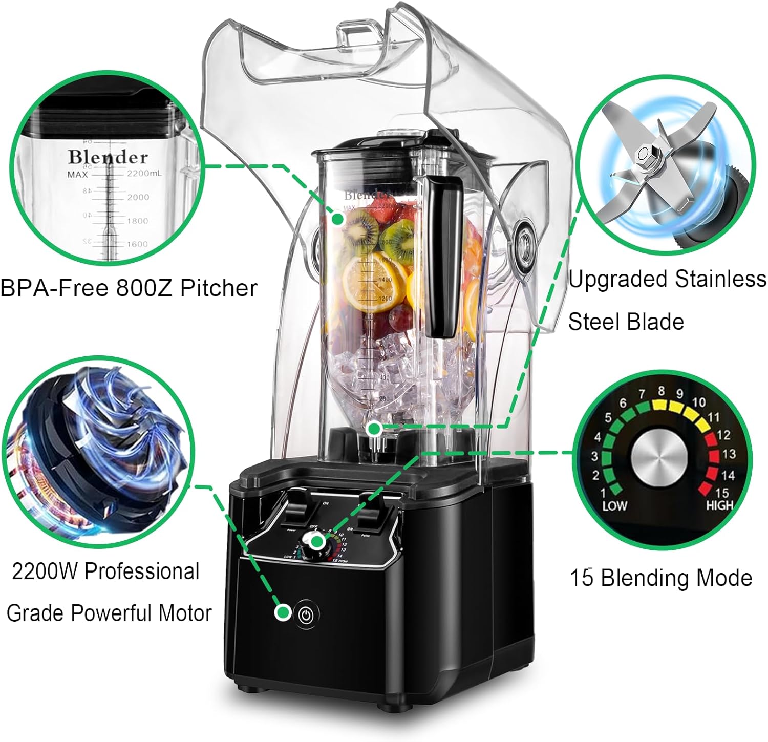 Commercial Blender for Smoothies With Quiet Shield, 2.5HP Motor, Stainless Steel Blade, 80oz Pitcher for Shakes, Smoothies, Ice Crushing, Frozen Drinks, 15 Speeds, Self-Cleaning, Black