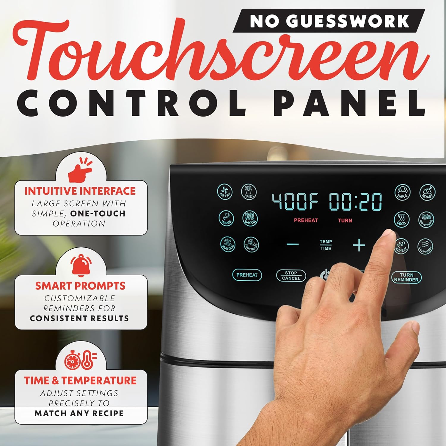 Gourmia Air Fryer - 8 Qt Extra Large Capacity, FryForce360º, Digital Display with 12 Presets, Roast, Bake, Broil, Dehydrate, Dishwasher Safe Accessories, Stainless Steel