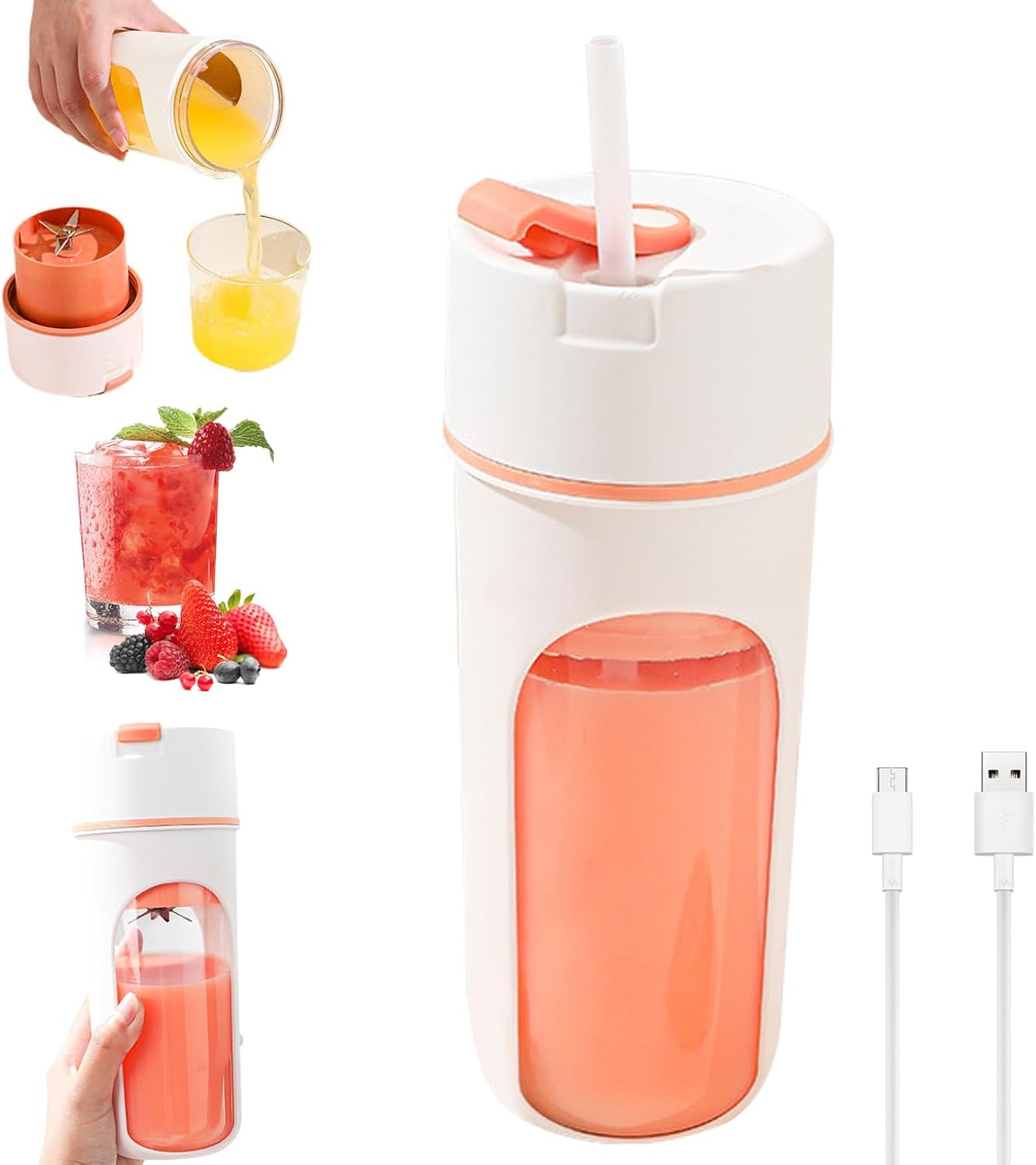 Portable Blender, 480ml Portable Juicer Blender with 6-Blade Head, Cup for Shakes and, USB for Office, Gym, Kitchen, Travel Mini Blenders