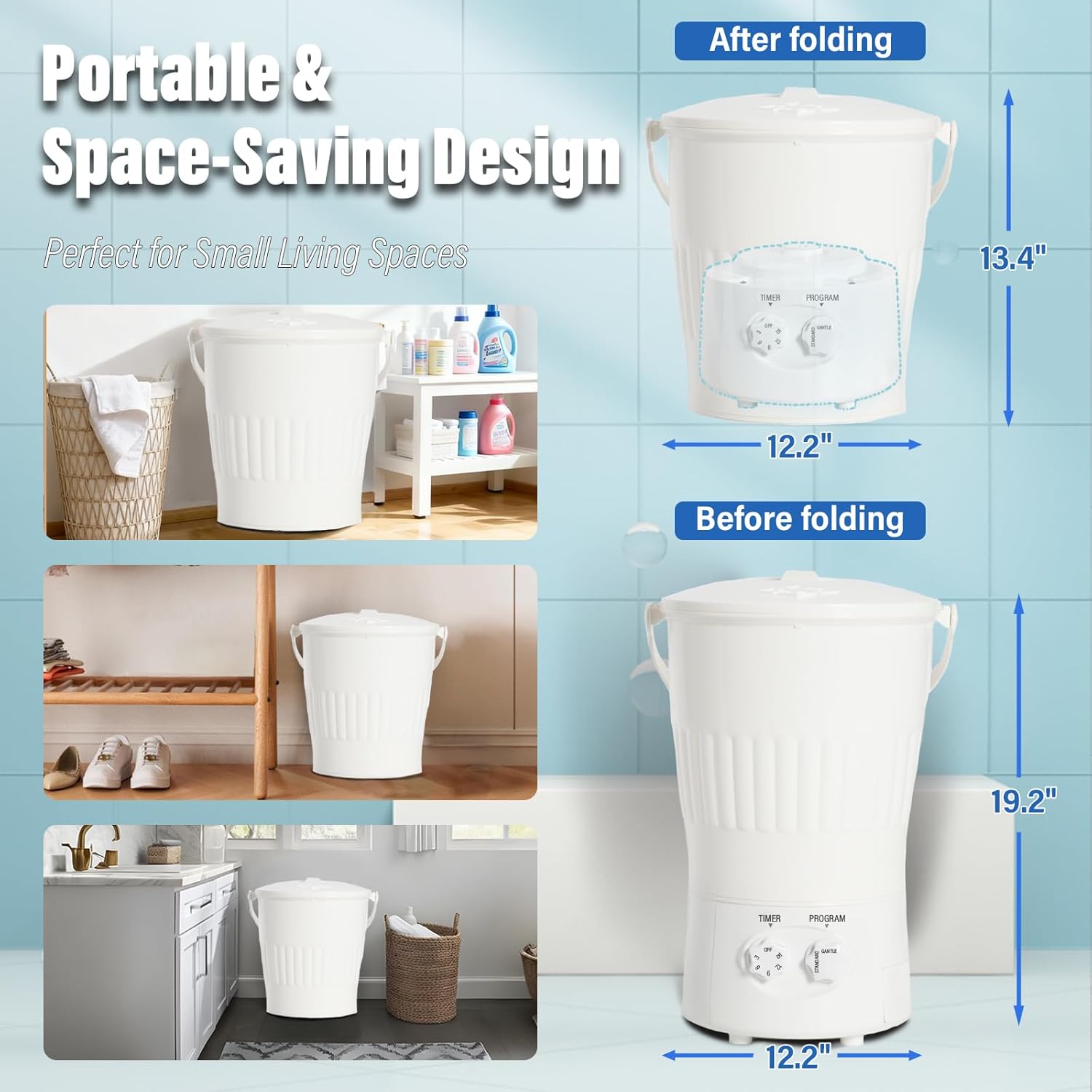 Portable Washing Machine, 10L Capacity Mini Portable Washer Machine with 2 Cleaning Modes & Timer Control, Compact Washing Machine, Portable Washer for Apartments, Dorms, RVs, Home (White)