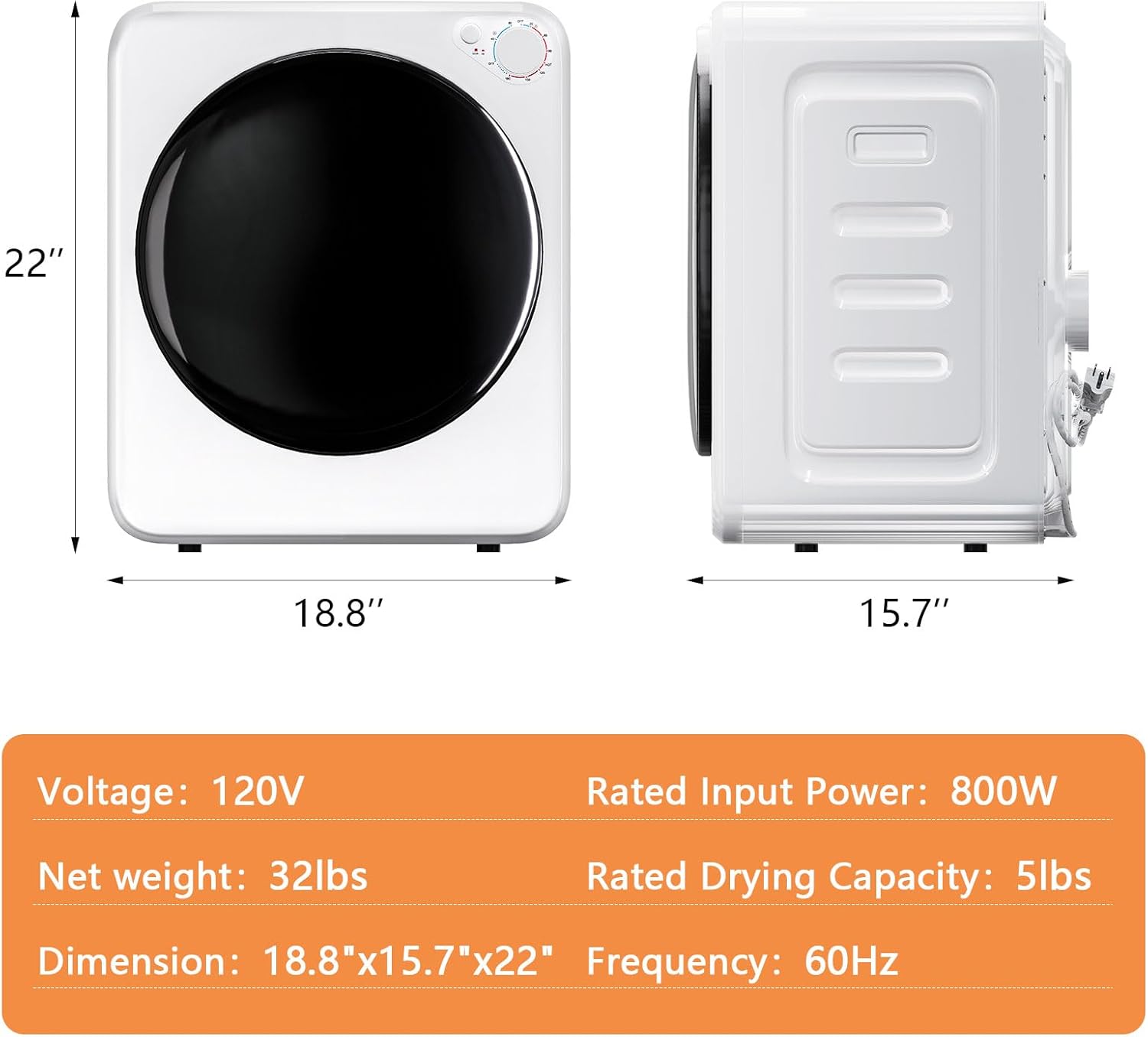 1.5 cu.ft Portable Clothes Dryer, 800W Compact Machine with Stainless Steel Tub, 5 Modes Auto Stop & Easy Control, Ideal for Laundry, Apartments, Dorms, RVs, White