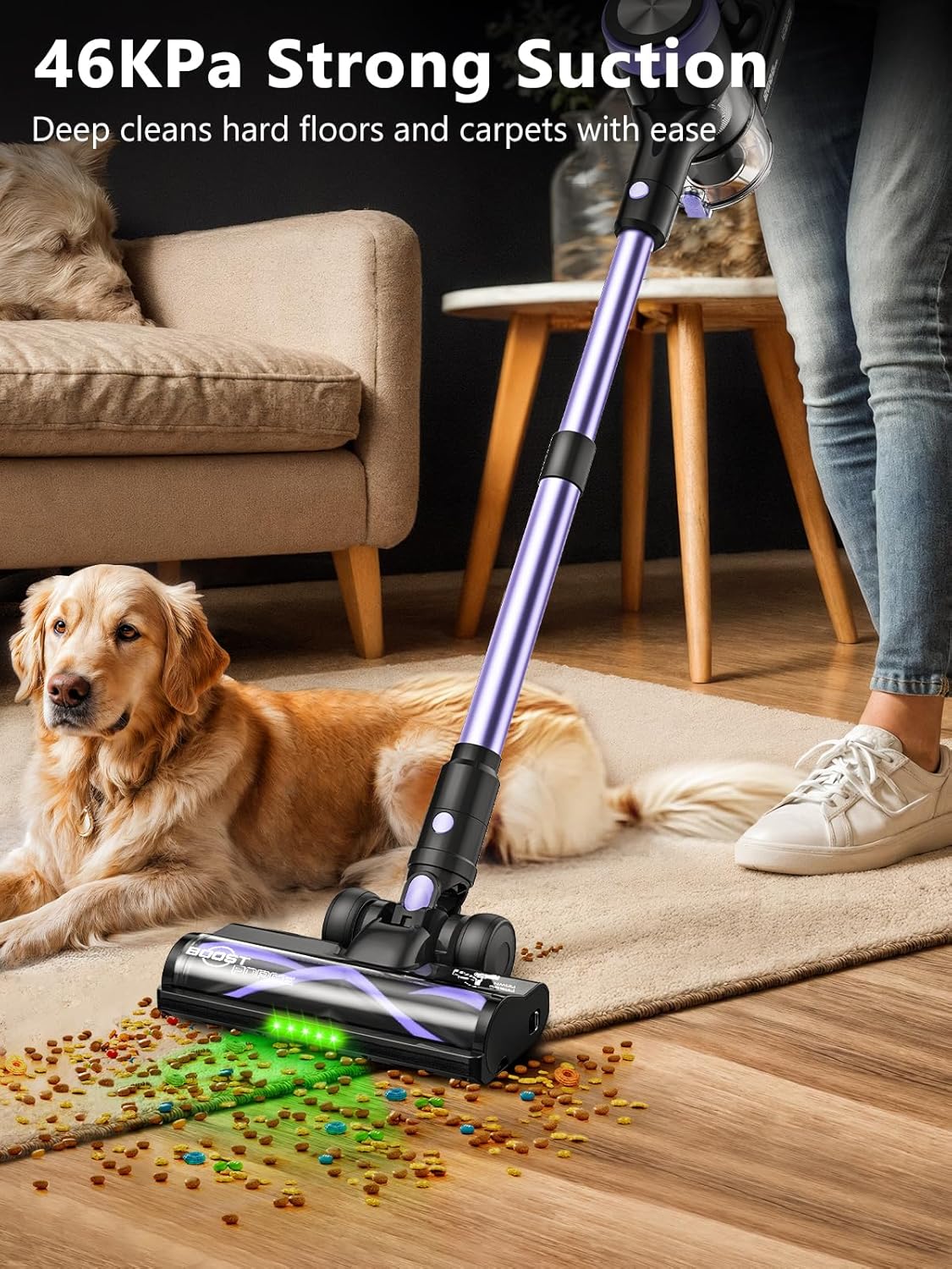 Cordless Vacuum Cleaner, 46KPa/500W Stick Vacuum with 55 Mins Runtime, Self-Standing Vacuum Cleaner for Home, LED Display, Anti-Tangle Brush, Rechargeable Vacuum for Hardwood Floor, Pet Hair (Violet)