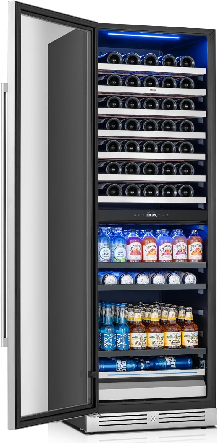 Yeego Wine Fridge – 24 Inch Wine and Beverage Cooler 34°F-65°F, 304 Stainless Steel Glass Door Lock, Temp Memory Blue & White LED Built-in Fridge Left-hand Opening with Drawer (182 Can+77 Bottle)