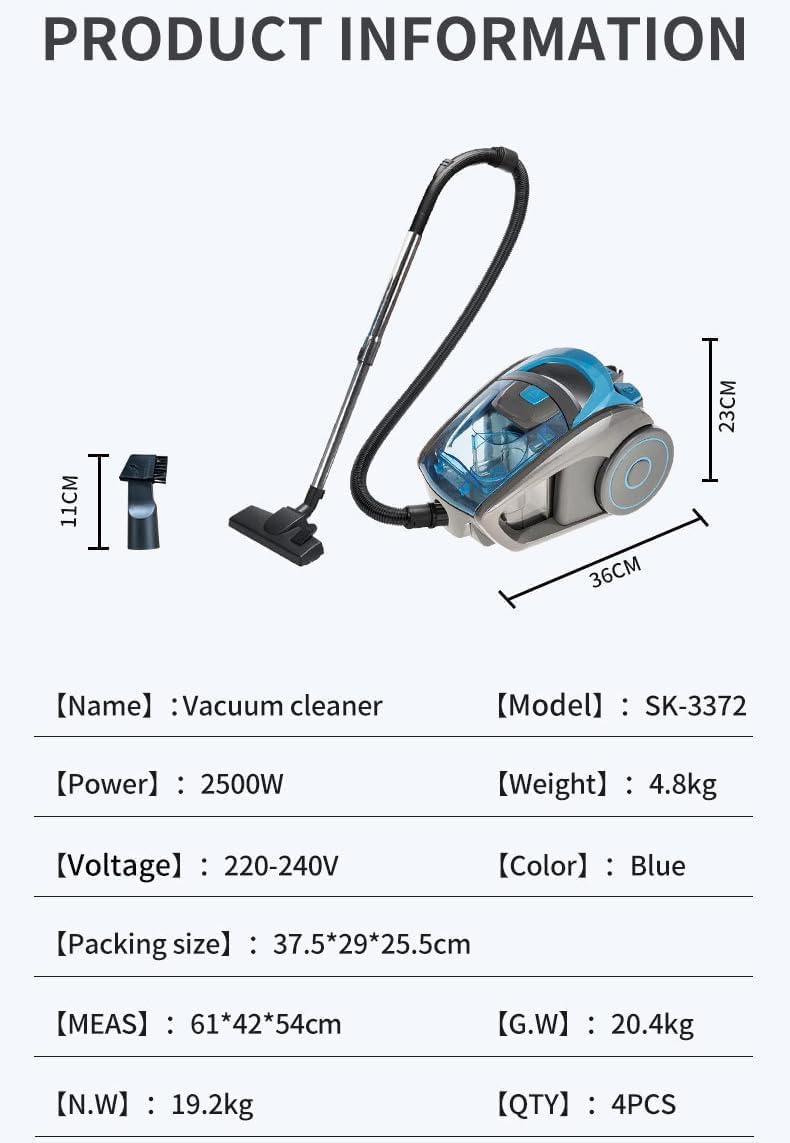 Cyclonic Bagless Cylinder Vacuum Cleaner, Lightweight and Low Noise, Extendable Hose, Carpet and Hard Floor Cleaner