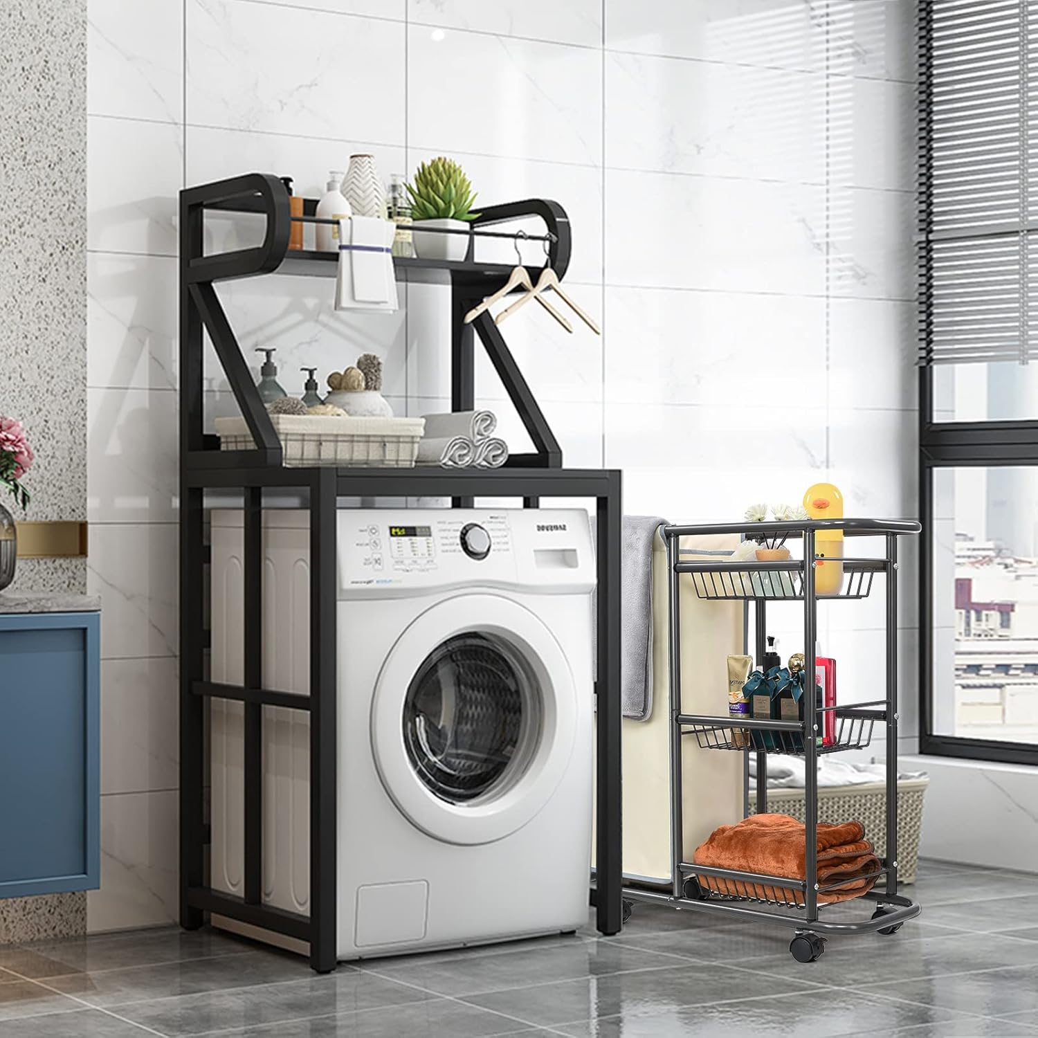 Rolling Laundry Cart with Wheels: Heavy Duty Laundry Basket with Wheels - 3-Tier Cleaning Cart Between Washer and Dryer Storage with 1 Bag for Clothes,Laundry Room,Bathroom, Bedroom