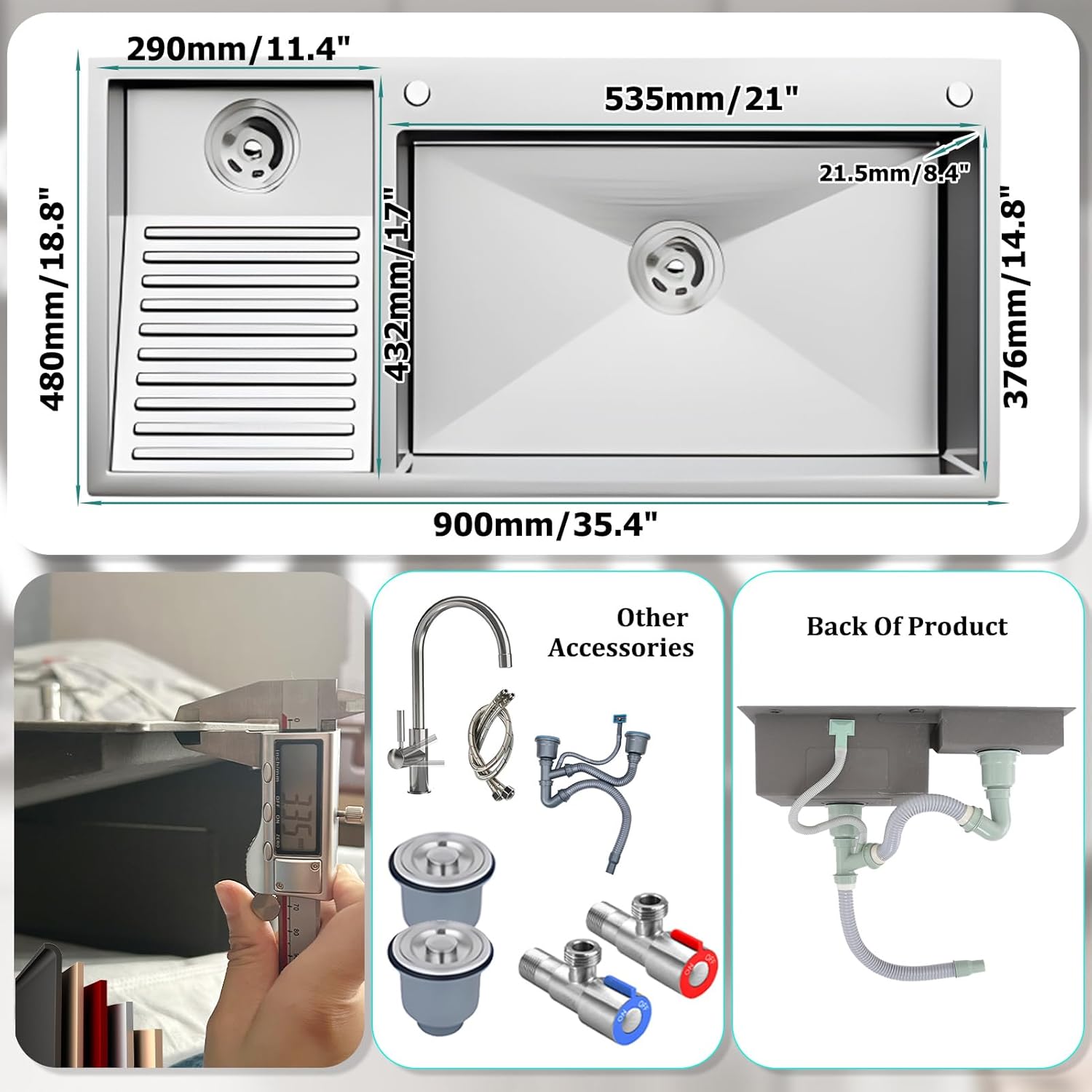 900mm/35.4Inch Laundry Utility Sink With Washboard Stainless Steel Kitchen Sink with Faucet Household Pool Balcony Room Wash Basin Easy Clean Double-Bowl