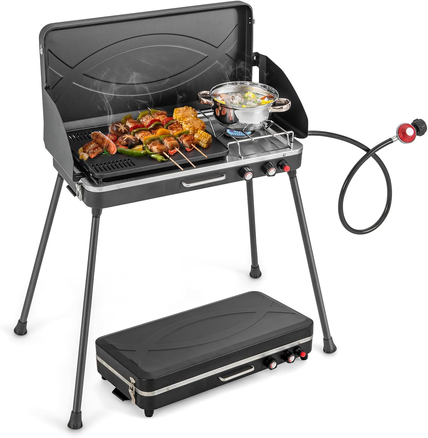 Giantex Portable Propane Grill & Camping Stove, 20,000 BTU Gas Camping Grill Burner, Independent Temperature Control, 3-Sided Wind Guard, Detachable Legs, for BBQ, Tailgating, Outdoor Cooking (Black)
