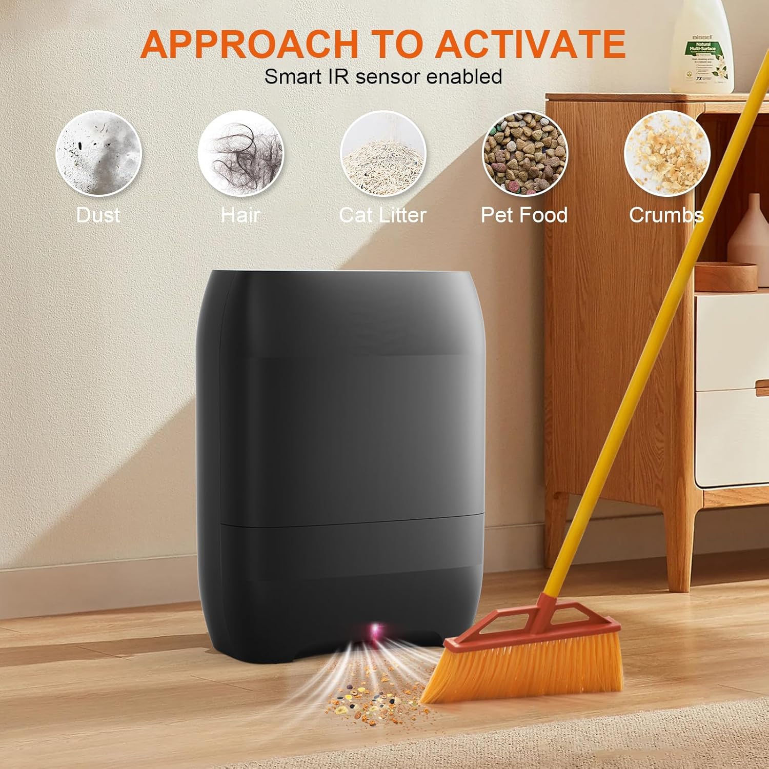 Touchless Automatic Vacuum Dustpan, Bagged Canister Vacuum with 5-Pack Disposable Dustbags, IR Sensor, LED Alerts, Handheld Accessories for Floors/Corners/Salons