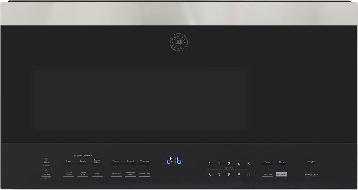 BRAMA Microwave Oven 1000-Watts Over the Range with Sensor Cook and Defrost, Pre-Set Cooking Modes, Child Safety Lock, Electronic Control Panel and Glass Turntable and Hidden Vent, 1.6 Cu.Ft., Black