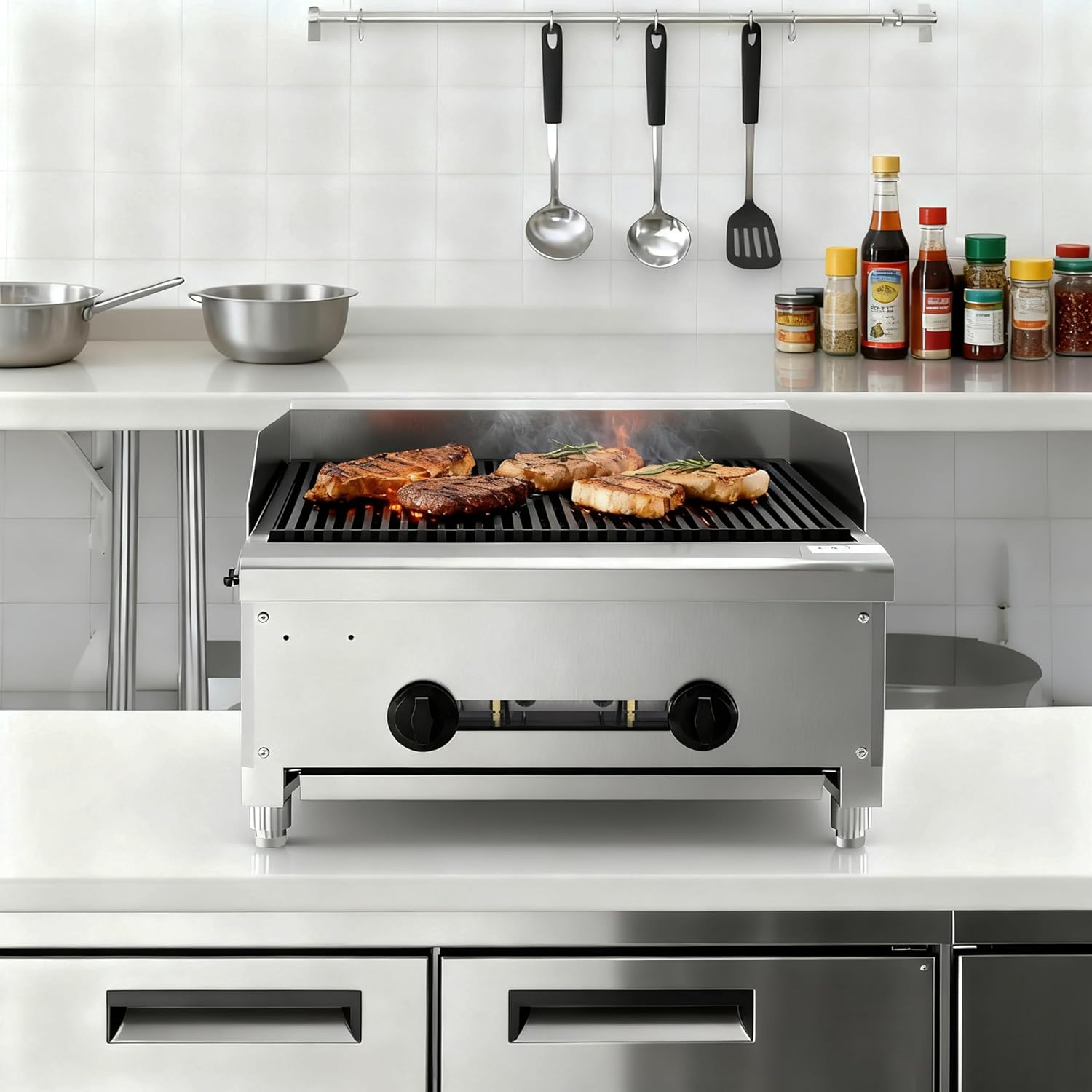 24 Inch Commercial Gas Lava Rock Charbroiler, 2 Burner 56000 BTU Countertop Grill with Cast Iron Grates, Stainless Steel Restaurant Charbroiler for Natural Gas or Propane