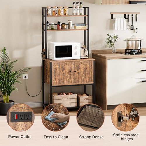 Bakers Rack with Power Outlet, Microwave Oven Stand with Storage，4 Tiers, Coffee Bar Table, Kitchen Storage Shelf Rack for Spices, Pots, Kitchen Dining Room, Rustic Brown