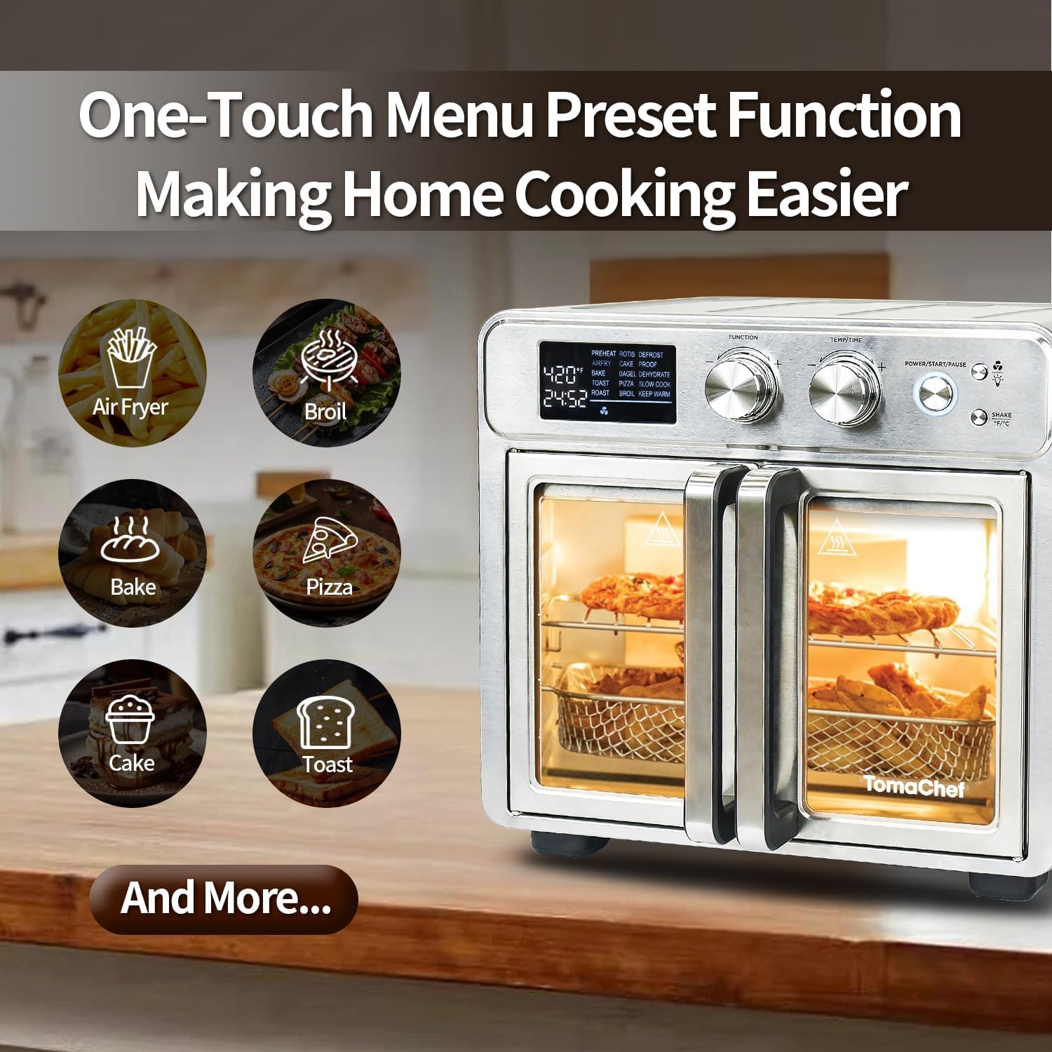 26QT French Door Air Fryer Toaster Oven Combo, 15 Cooking Functions including Rotisserie, and Digital Controls, 30 Recipes & 5 Accessories, Stainless Steel Finish