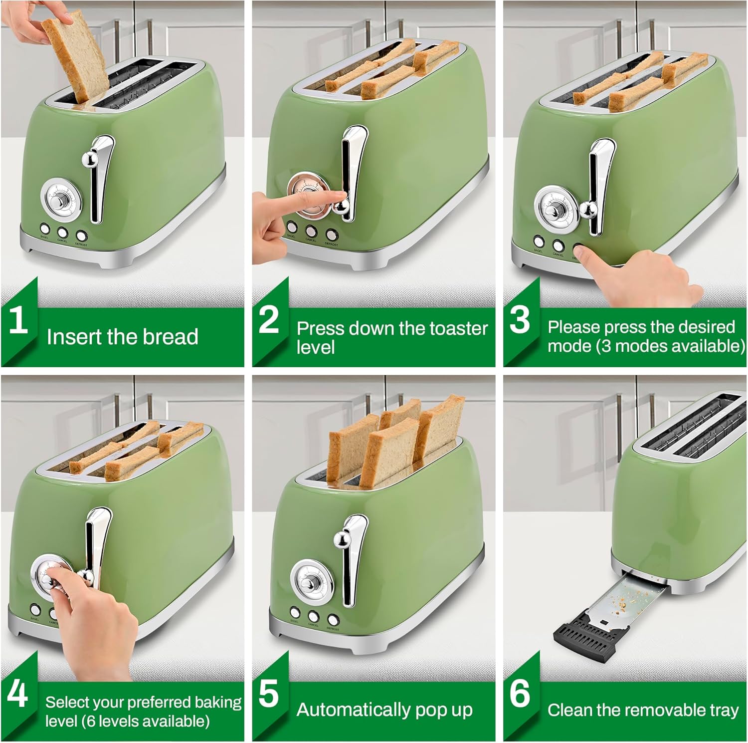 SUSTEAS Toaster 4 Slice Wide Slot, Stainless Steel Bread Bagel Toasters, Retro Long Slot Tostadora for Defrost, Reheat, Removable Crumb Tray, 1500W, 6 Browning Settings, Green