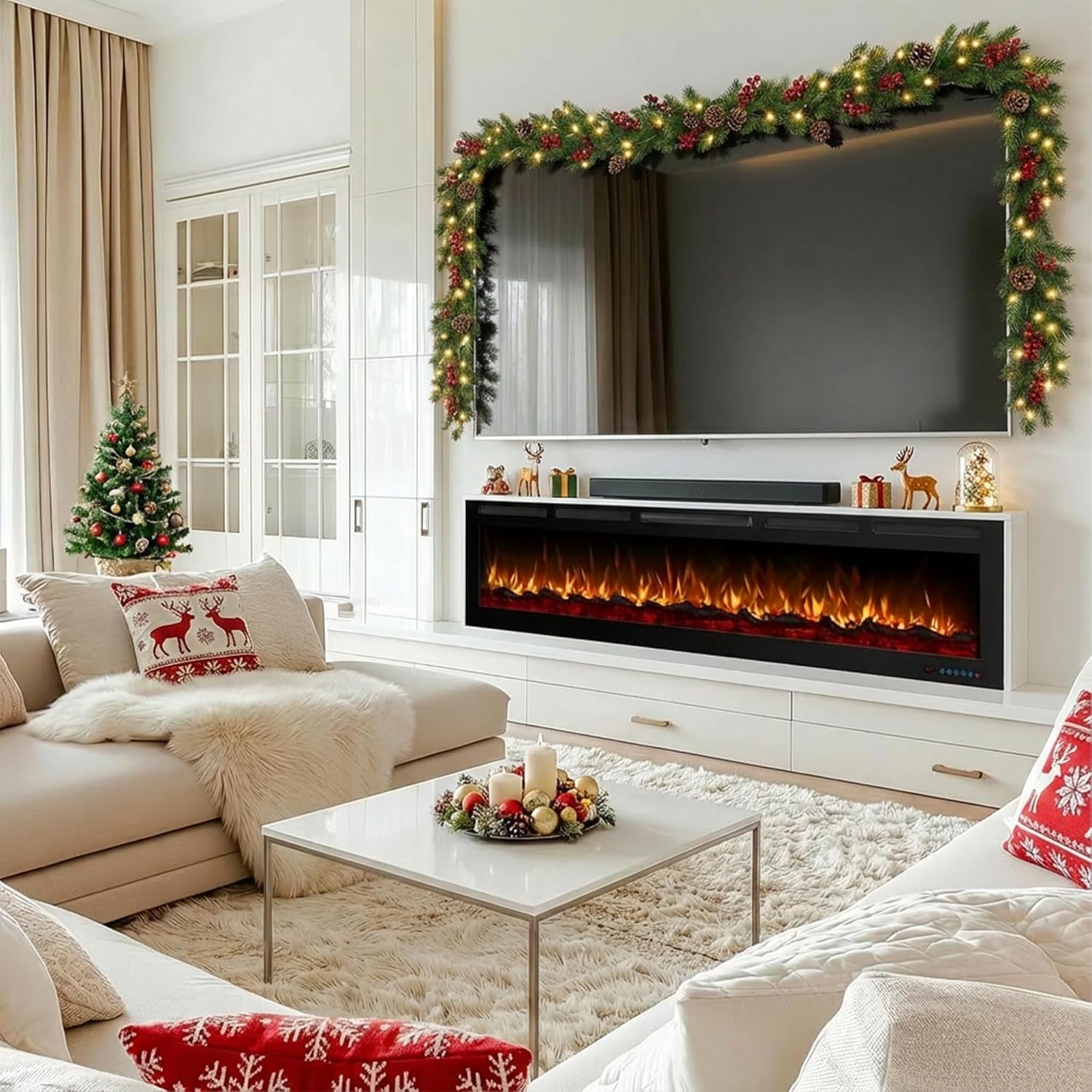 95 Inch WiFi-Enabled Recessed Electric Fireplace Inserts with Log Speaker,Wall Mounted & Freestanding Fireplace Heater,13 Adjustable Colors,5 Brightness Levels,Timer,750/1500w, Log & Crystal