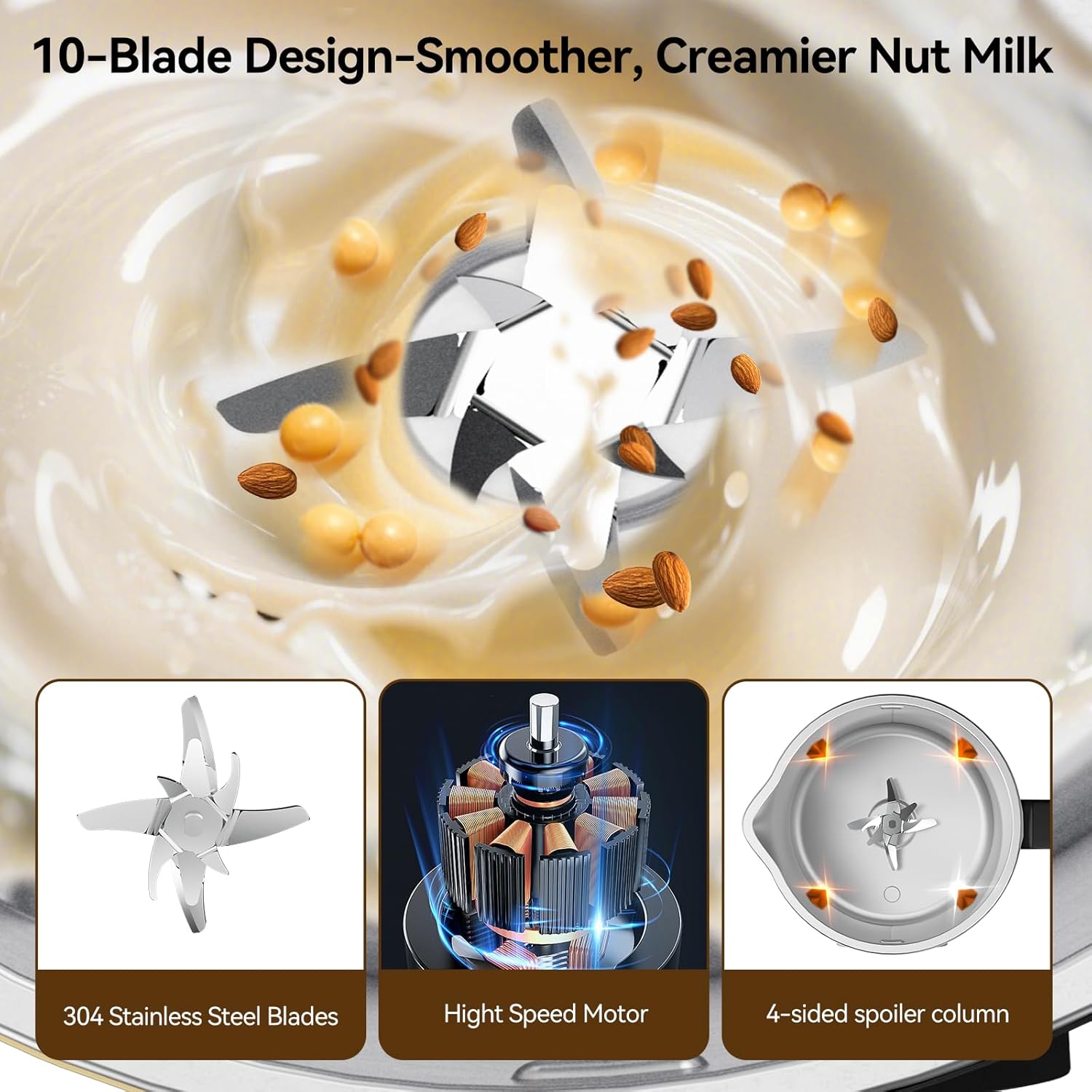 8 in 1 Nut Milk Maker Machine with 10 Blades, 35oz Automatic Soybean Milk for Homemade Almond, Oat, Soy, Plant-Based Milks Blender with Self-Cleaning, 2H Keep Warm, 12H Delay Start, Boil Water