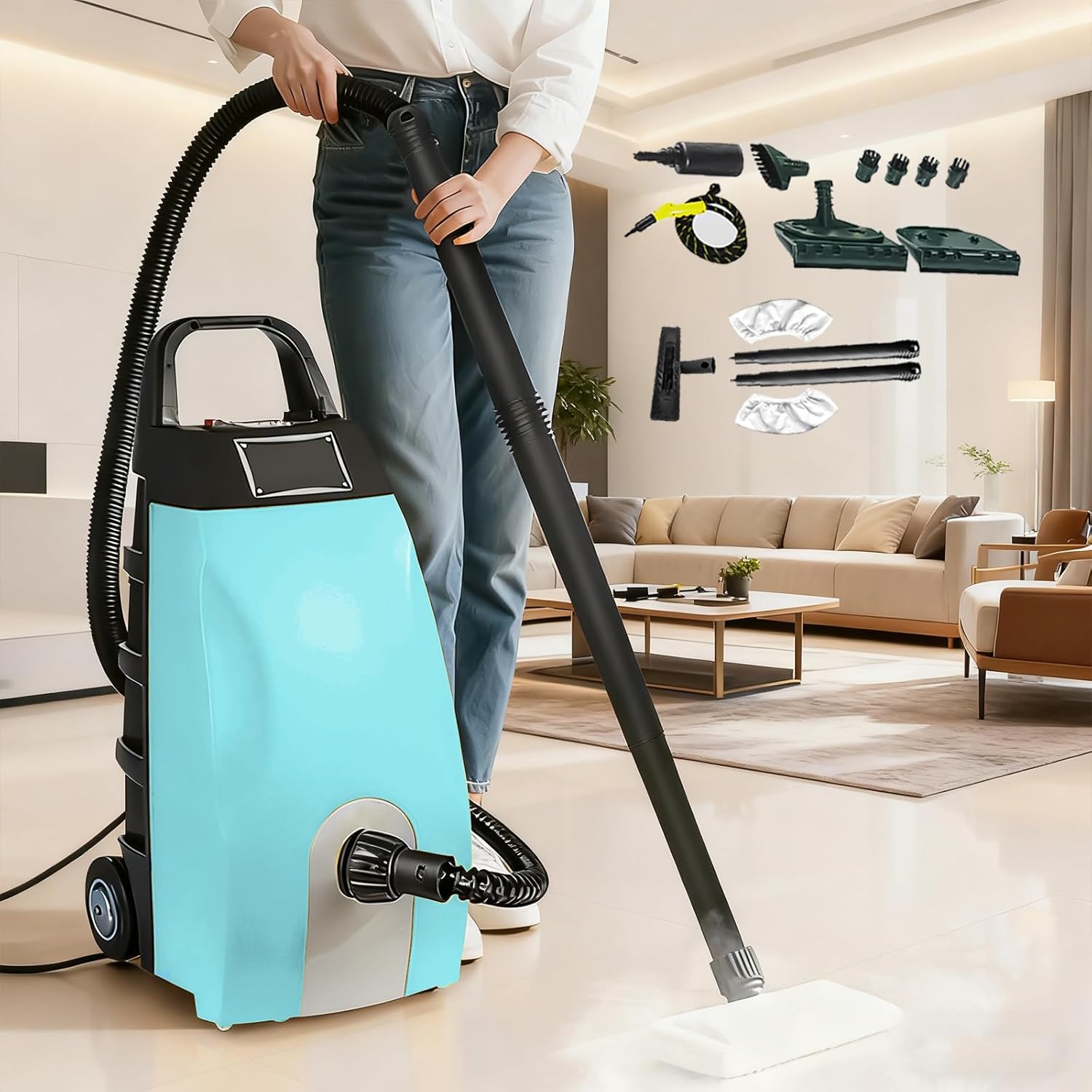 3000W High Pressure Steam Cleaner with 3.5L Water Tank, 40-Second Heat Up, Heavy-Duty Portable Steam Washer with Multiple Accessories for Home, Auto, and Commercial Use Blue + Mop
