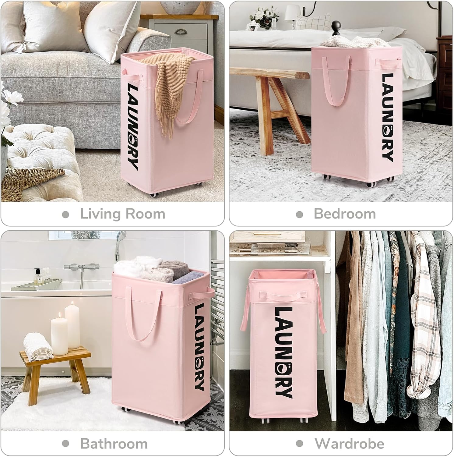 CHICVITA 2-Pack Laundry Hamper with Wheels, 75L Collapsible Laundry Basket with Removable Wash Bags, Pink Laundry Hamper for Corner Dorm, Rolling Laundry Basket on Wheels