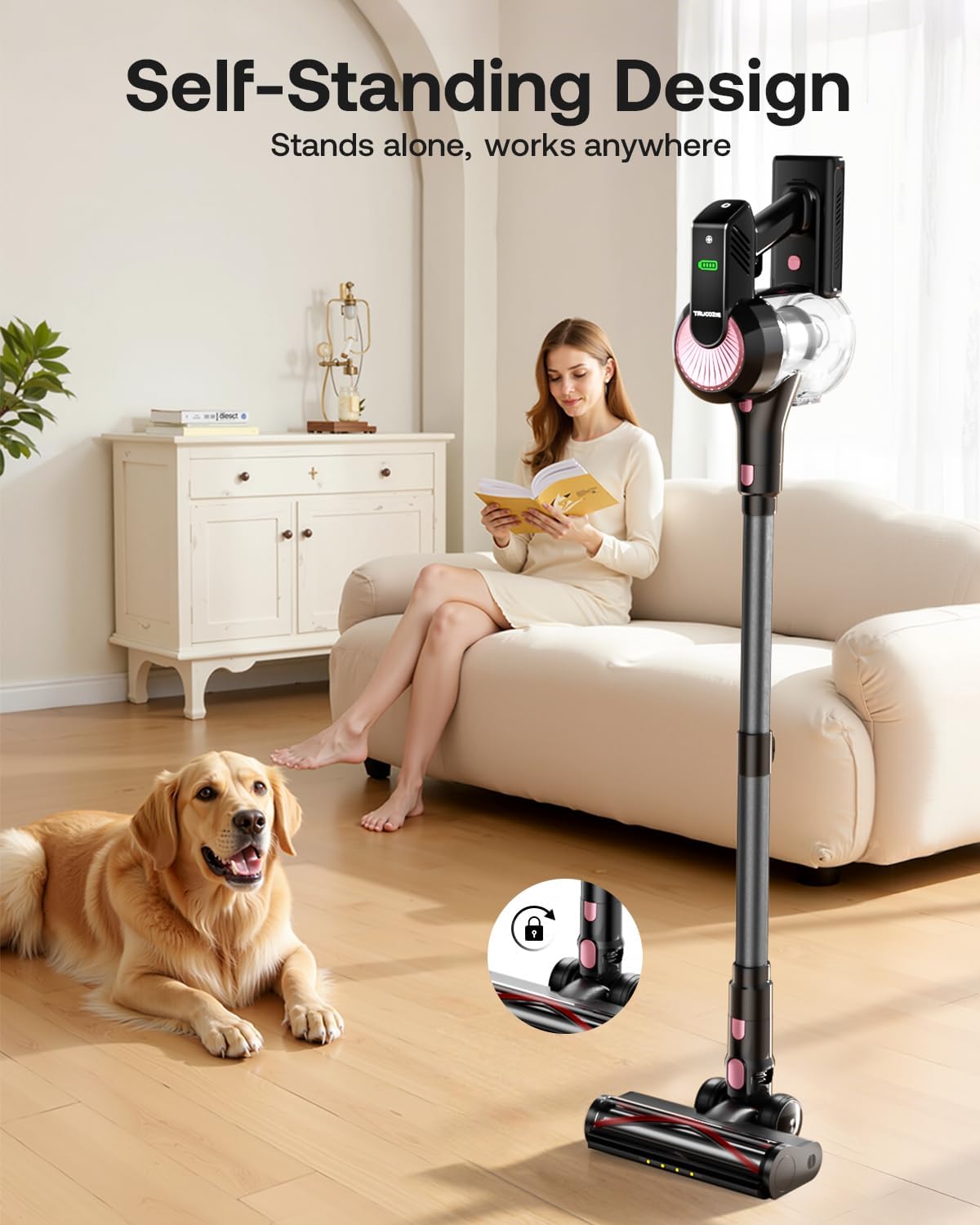 Cordless Vacuum Cleaner, Self-Standing 40Kpa 45Mins Vacuum Cleaners for Home, 8-in-1 Lightweight Stick Vacuum with Anti-tangle Wireless Vacuum for Carpet, Tile, Pet Hair, Hardwood Floors, Black