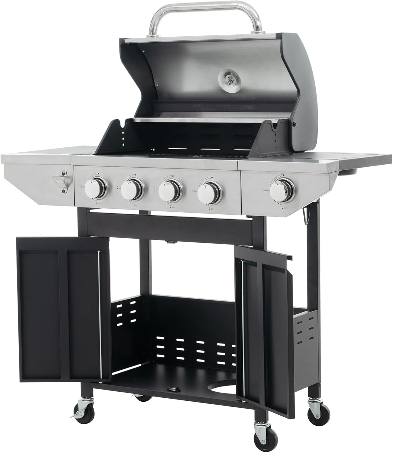 Evedy 4-Burners Propane Gas BBQ Grill with Side Burner & Porcelain-Enameled Cast Iron Grates,42000BTU BTU Output for Outdoor Cooking Kitchen and Patio Backyard Barbecue,Stainless Steel Propane Grill