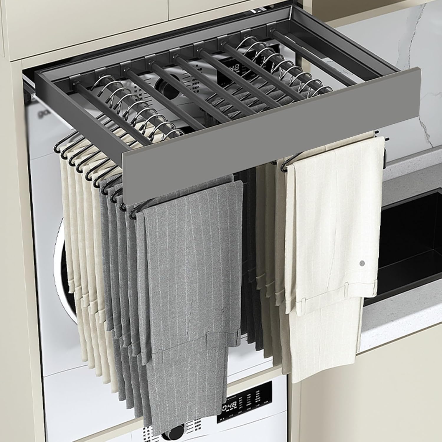 Space-Saving Invisible Clothes Drying Rack Above Washing Machine, Retractable Trouser Rack Drawer & Built-in Wardrobe Pull-out Basket (664-714mm)
