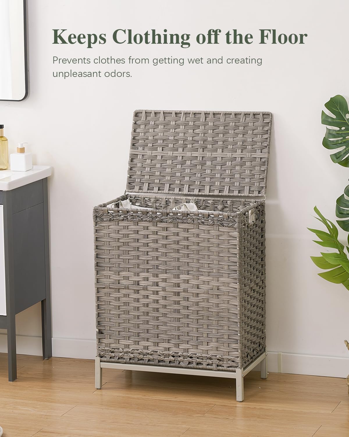Laundry Hamper with Lid, 112 L Handwoven Rattan Wicker Laundry Basket, 2 Removable Liner Bags Metal Heightened Feet, 6 Mesh Bags, 2 Section Large Clothes Hamper for Bathroom Bedroom, Gray