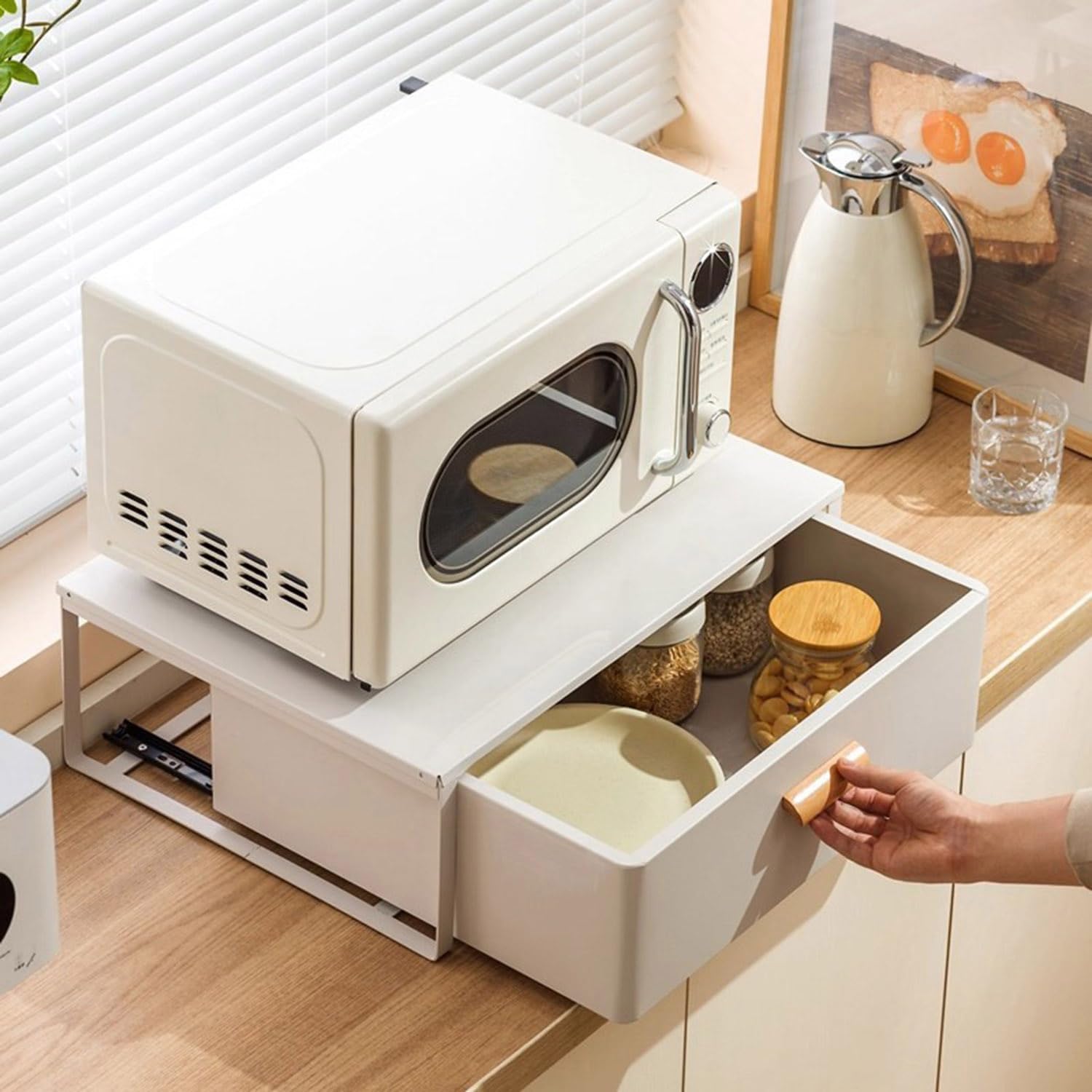 Steel Microwave Stand with Pull-Out Drawers, Countertop Organizer for Compact Microwaves, Coffee Station & Kitchen Appliance Storage, White (15.8in)