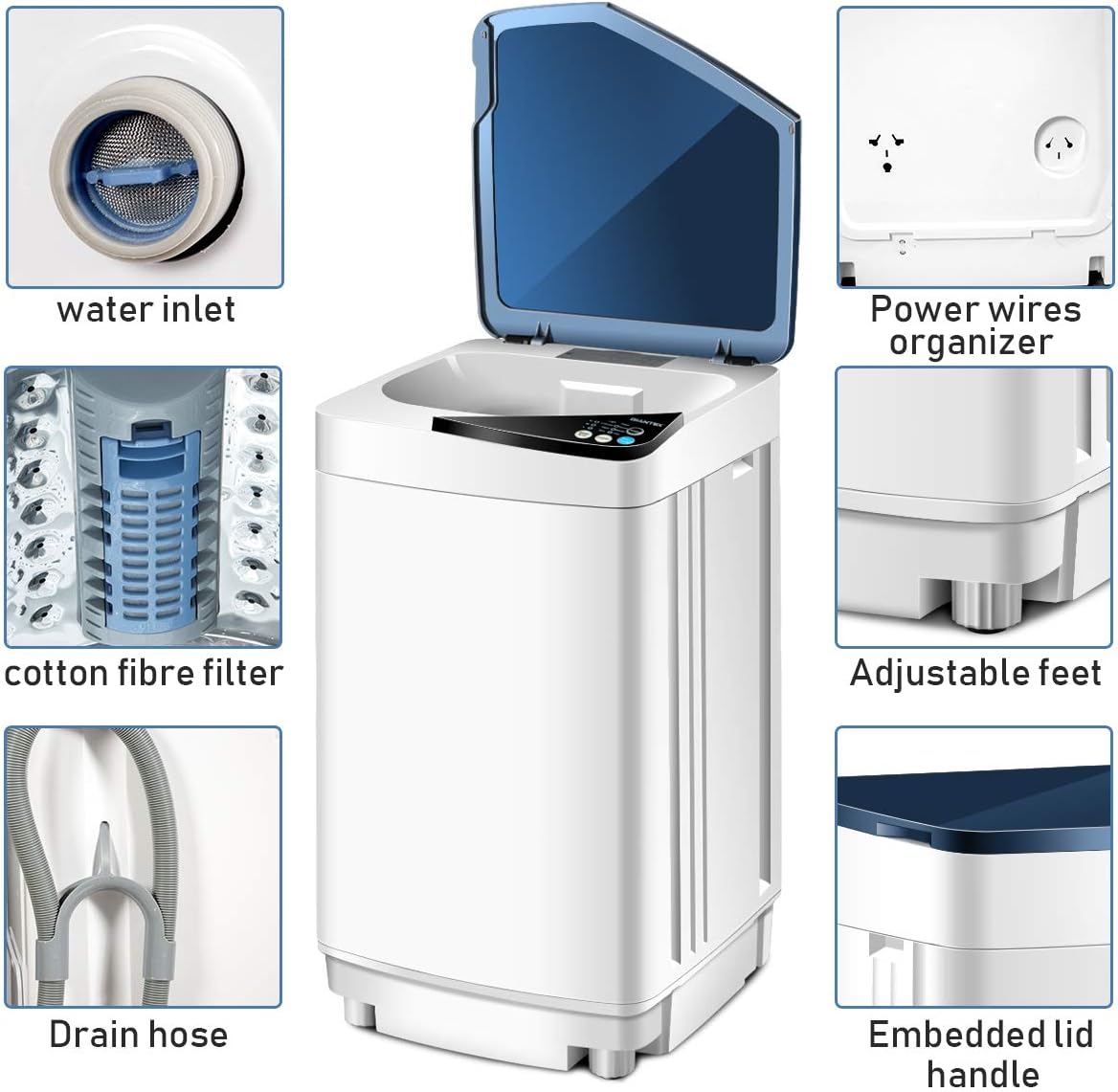 Giantex Full-Automatic Washing Machine Portable Washer and Spin Dryer 7.7 lbs Capacity Compact Laundry Washer with Built-in Barrel Light Drain Pump and Long Hose for Apartments Camping (White & Blue)
