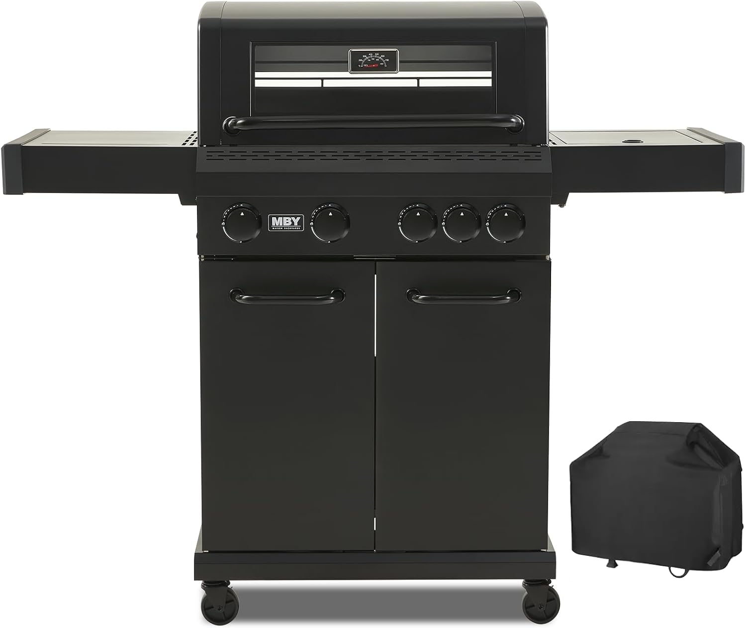 4 Burner Gas Grill Cast Iron Griddle Grill Combo, BBQ Propane Grills with Side Burner 50000BTU Heavy Duty Barbucue Grill With Cover, Black