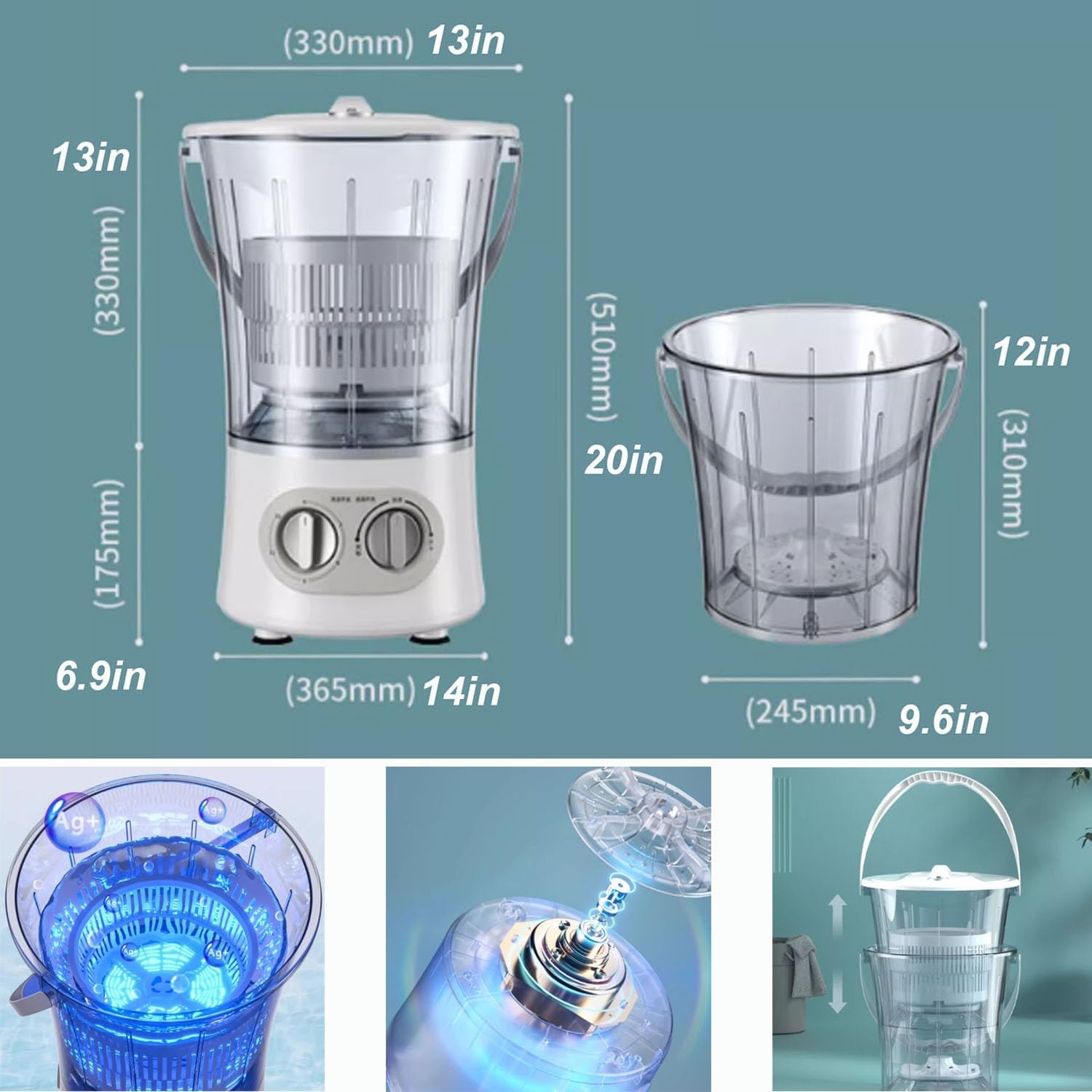 Portable Washing Machine, Mini Washer with 5 Modes for Dorms, Apartments, Semi-Automatic Washer Combo for Cleaning Socks and Undergarments