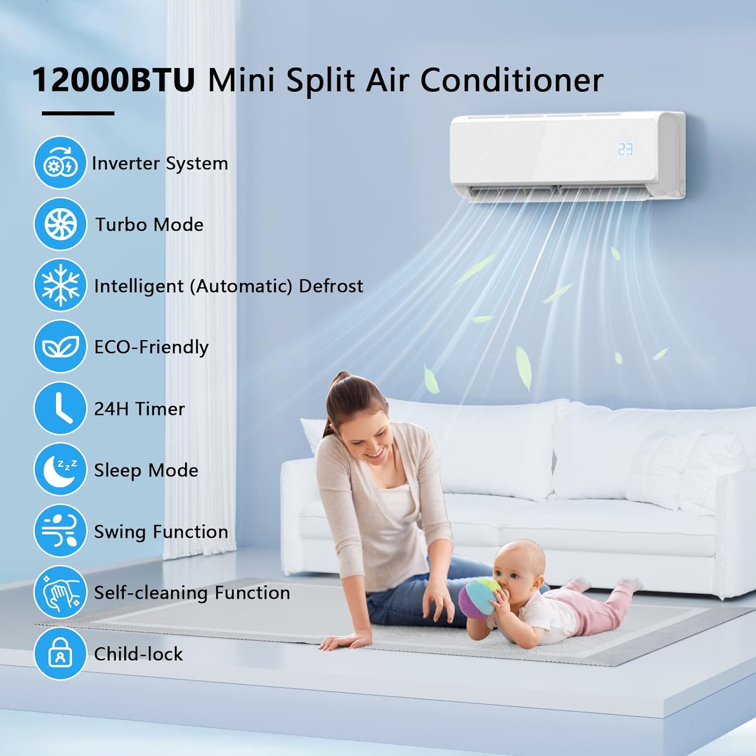 12000 BTU Mini Split Air Conditioner & Heat Pump- Inverter SEER2 22 115V, Energy Star Wi-Fi Smart Control, Quiet, with Child Lock, Self-Cleaning, Cools and Heats Up to 750 Sq.ft, Easy Installation Kit