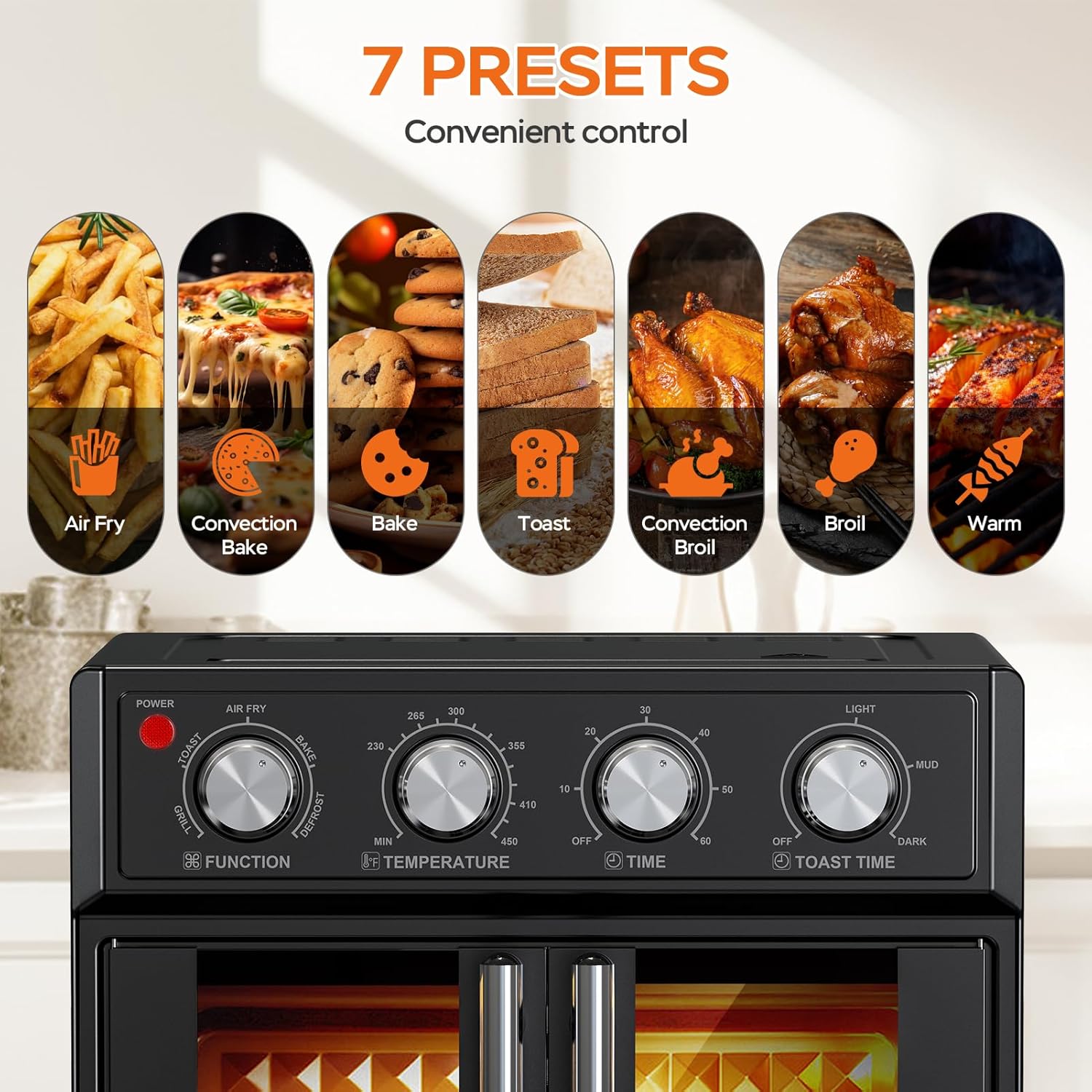PlumChef 29.5QT Large capacity French Double-Door Air Fryer Convection Toaster Oven,1700W, 7 Preset Menus, 7-in-1 Multi-Function for Bake, Roast, Grill, Toast, Dehydrate& Defrost,Stainless Steel,Black