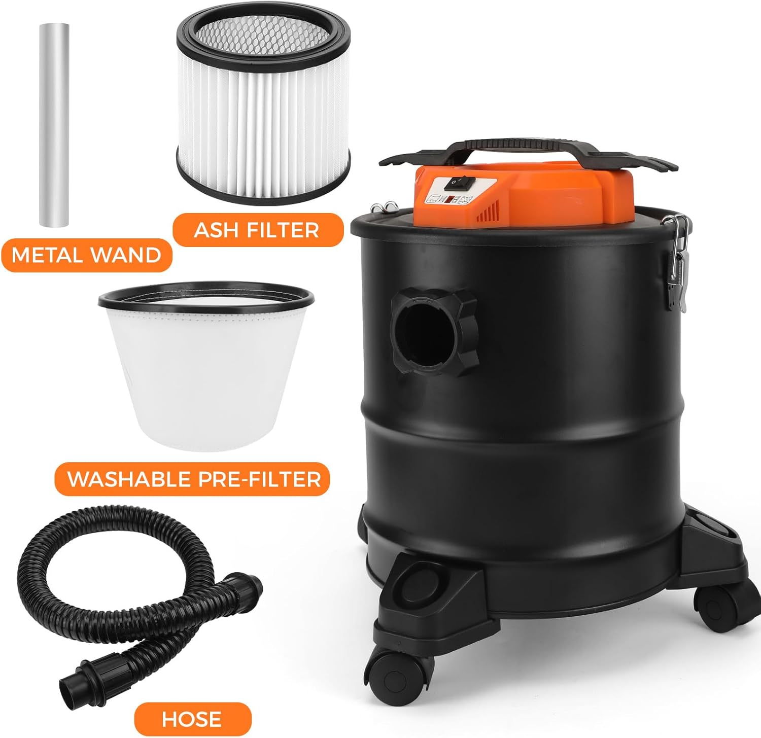 LIGO Ash Vacuum, 3.3 Gallon 1000W,Double Filtration, with 3 Swivel Casters,Blowing Funcation, Ash Dust Collector for Pellet Stoves & Wood Stoves,