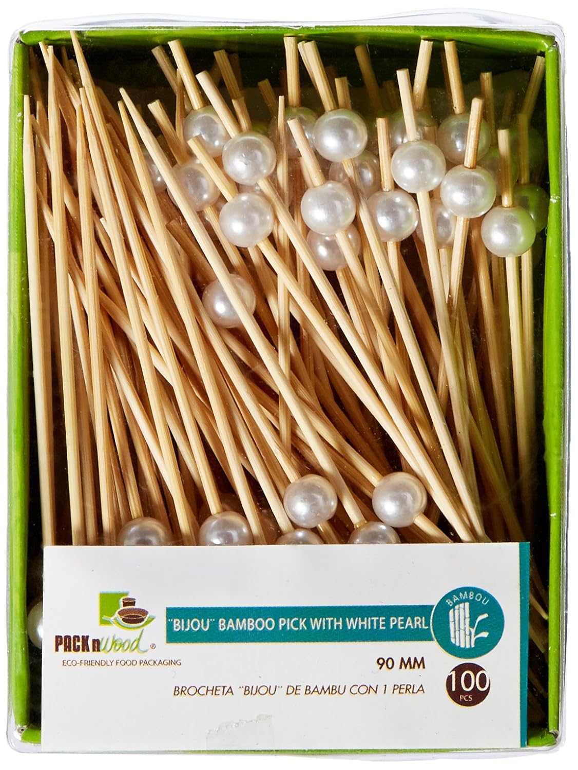 PACKNWOOD 209BB IJ9 - Bijou Bamboo Pick with White Pearl - White Pearl Bamboo Toothpicks - Biodegradable Party Skewer Picks - Pearl Cocktail Toothpicks - (3.5