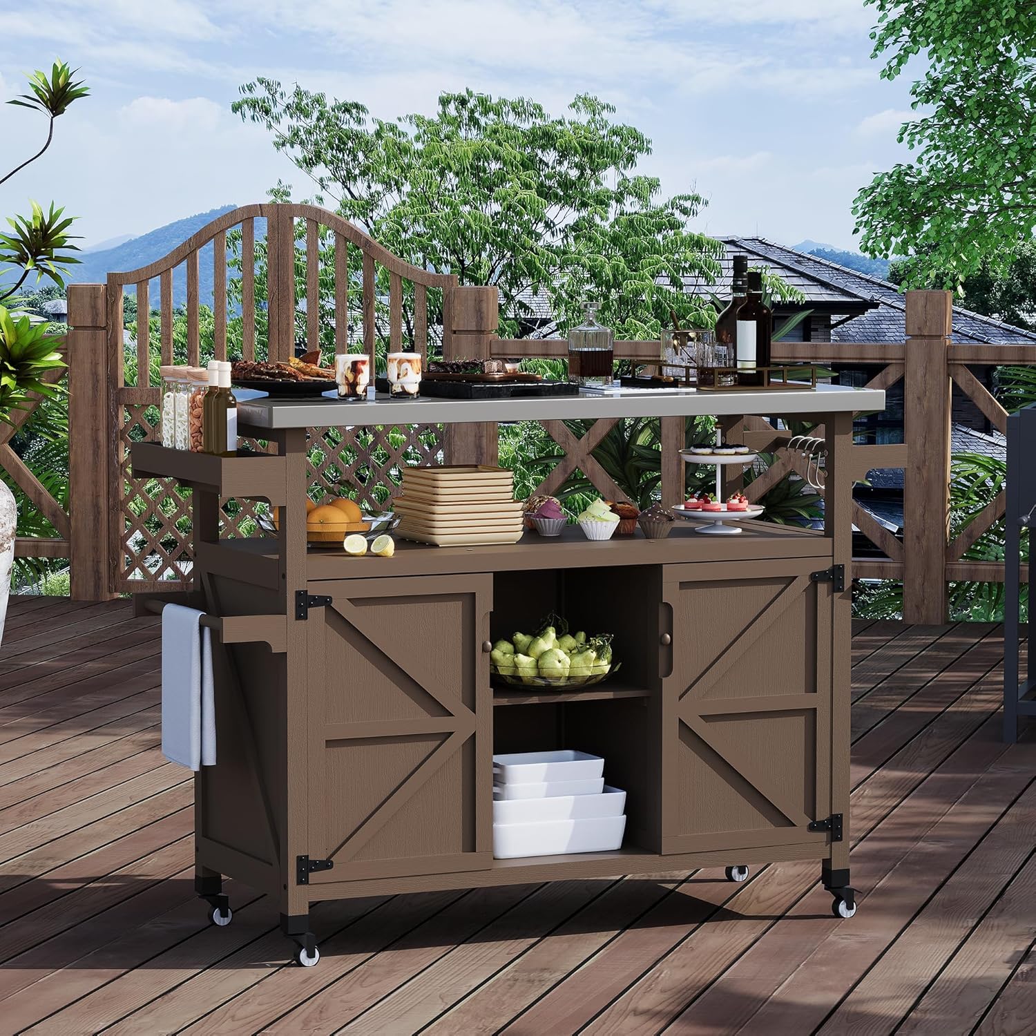 Outdoor Grill Cart - Portable Table Kitchen Island with Wheels and Storage Cabinet, Food Prep Stand Station with Stainless Steel Tabletop, Spice Rack, Towel Rack, Outdoor Grill Cart Table - Coffee