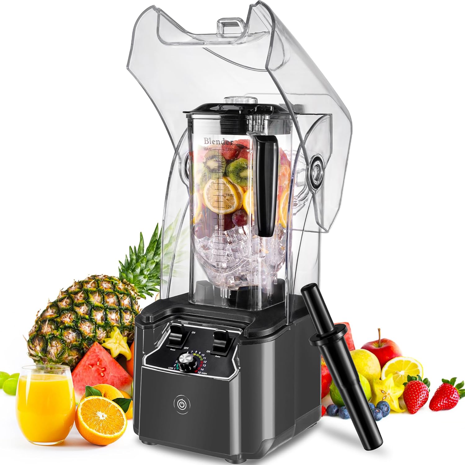 Commercial Blender for Smoothies 2200W With Soundproof Cover, 2200 ML, 15 Speeds, 6-leaves Stainless Steel Blade,Heavy Duty Blender for Restaurant, Smoothie,Ice Crush,Shakes, 9.5