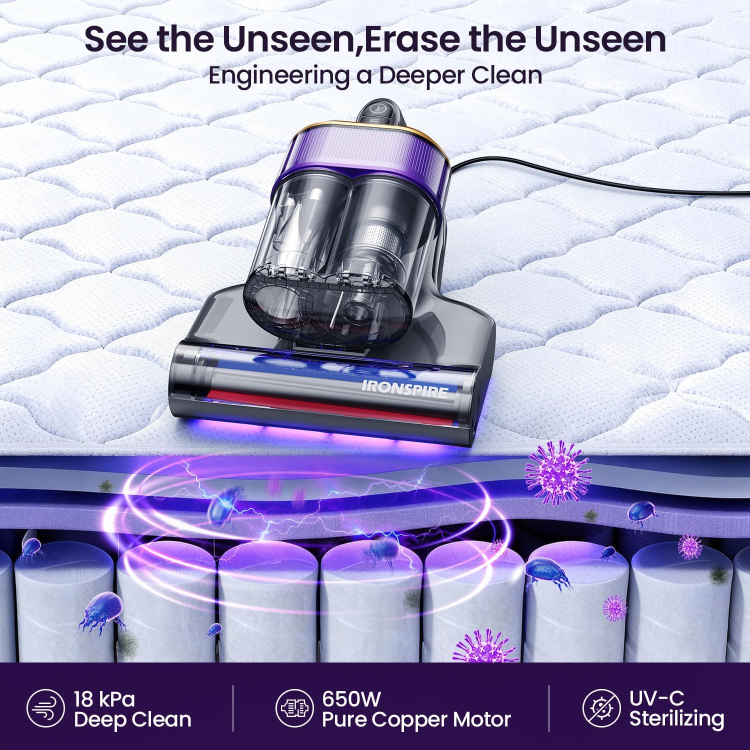 Bed Vacuum Cleaner, Mattress Vacuum with 2 Roller Brushes 253.7nm UV-C Light & Ultrasonic,145°F Heat, HEPA Filter, 18kPa Suction 650W Powerful Handheld Vacuums for Dust & Pet Hair(Corded)