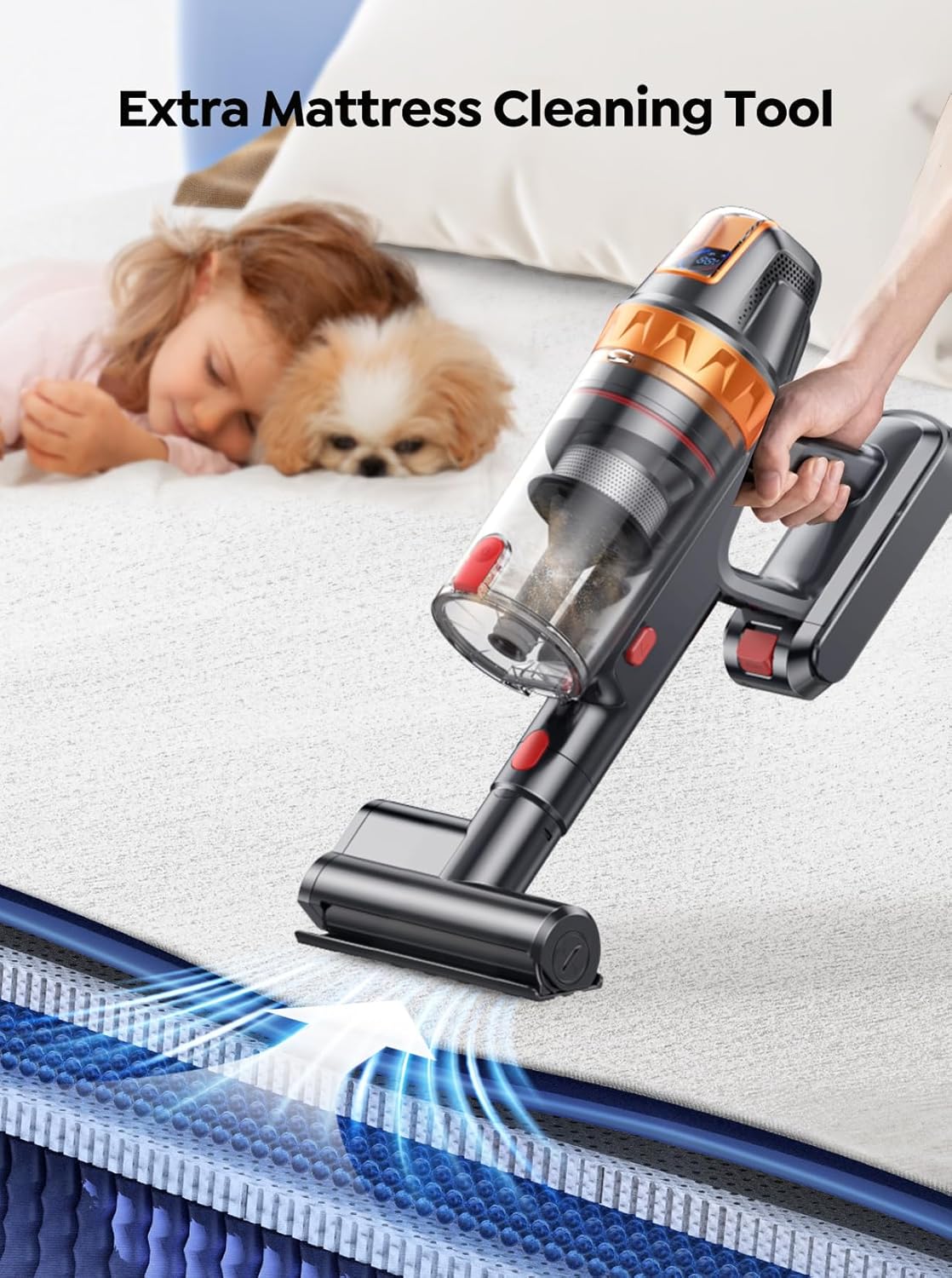 Cordless Vacuum Cleaner, 650W with Extra Mattress Cleaning Tool, 50KPA Stick Vacuum Cleaners for Home 65 Mins Runtime, Self-Standing, Wall Mount Charging, Rechargeable Vacuum for Floor Carpet Pet Hair