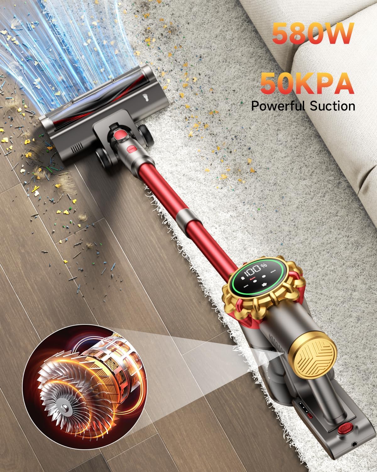 Cordless Vacuum Cleaner 580W 50Kpa Vacuum Cleaners For Home, 65 Mins Battery Stick Vacuum Led Panel, Anti-Tangle, Self-Standing, 8-In-1 Lightweight Vacuum For Hardwood Floor/Carpet/Pet Hair -Y