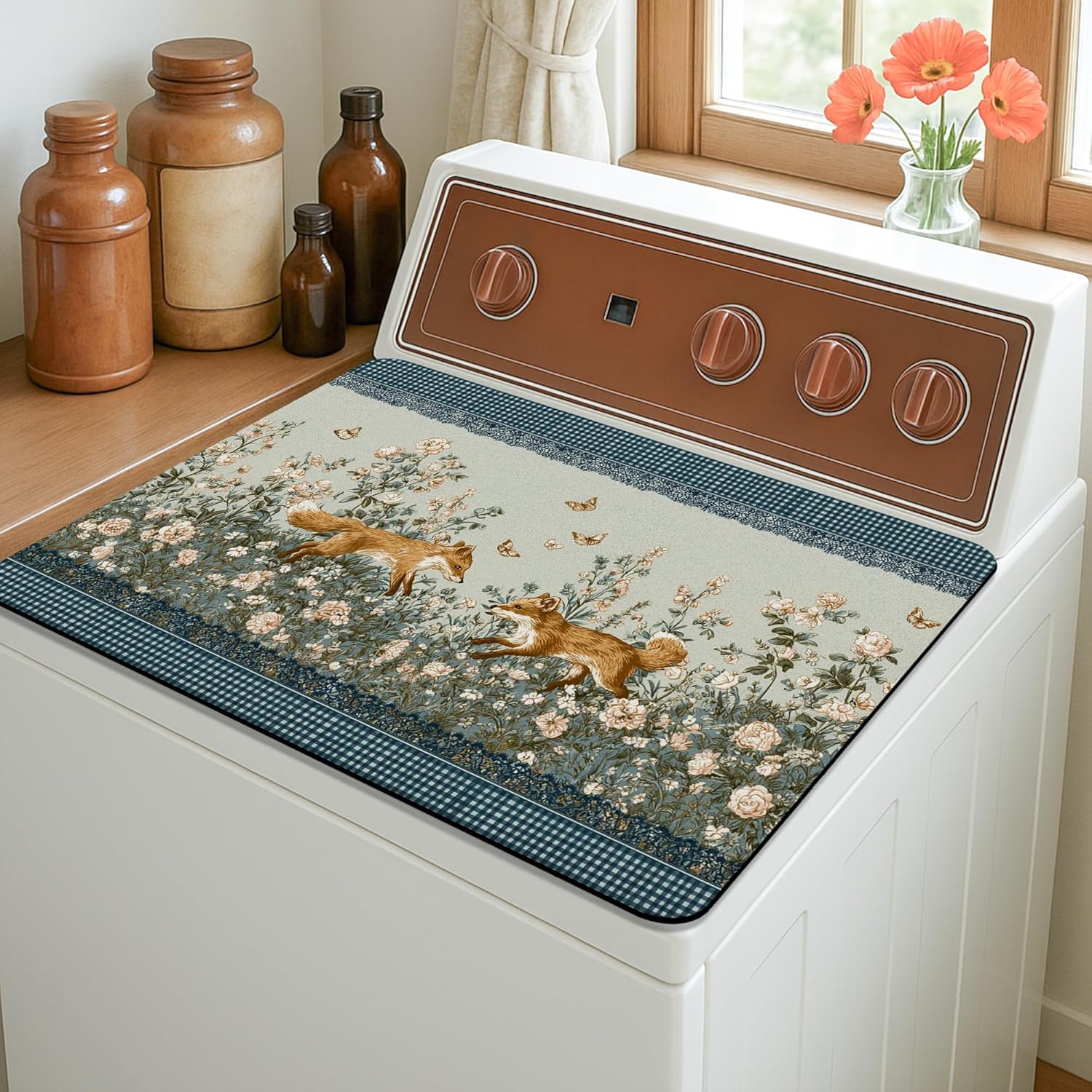 Floral Washer Dryer Top Protector Mat, Vintage Floral Laundry Machine Dust Cover, Spring Garden Design Rubber Anti-slip Waterproof Washer And Dryer Mats for Laundry Room 20x24 Inch