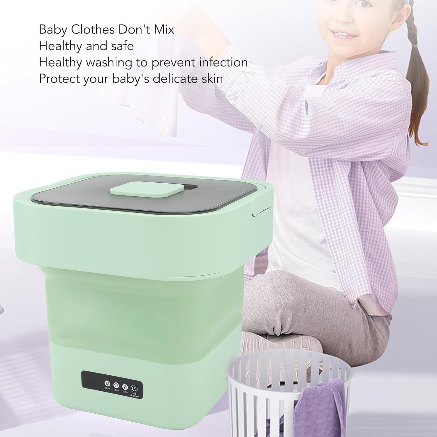 Portable Washing Machine, 10L Fully Automatic Spin Drying Function Foldable Mini Clothes Washer for Underwear Baby Clothes Basket Laundry Machine for Travel, Apartment (US + Green)