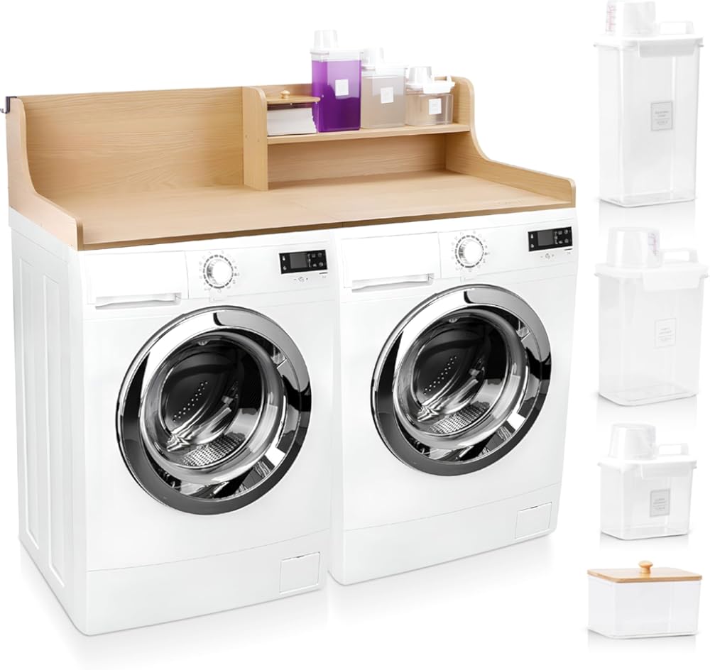 SOBHI | Washer and Dryer Countertop with Laundry Accessories | 54″ x 27″ Laundry Room Organization and Storage Topper | 3 Detergent Dispensers, Dryer Sheet Box, Hooks & Anti-Slip Pads, Oak Wood Finish