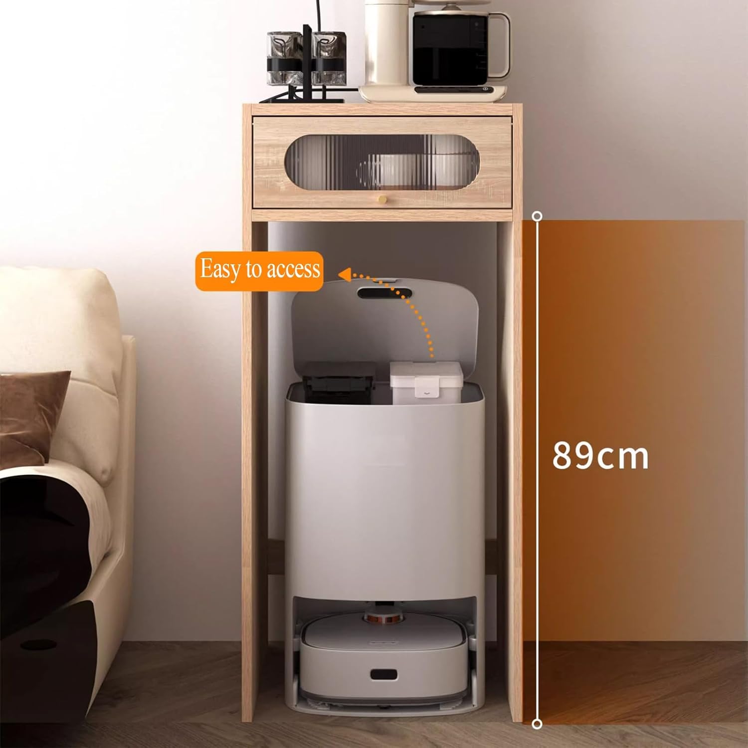 Self Emptying Robot Vacuum Cleaner Small Storage Cabinet with Doors, Robot Vacuum Kitchen Pantry Storage Cabinet, End Side Table for Living Room Home Office(Natural)
