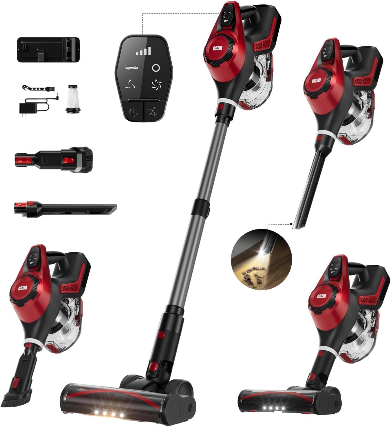 Cordless Vacuum Cleaner for Home, Stick Vacuum 40Kpa, Smart Display & 1.5L Dust Cup, MAX 55mins Runtime, Lightweight Handheld Vavuum for Pet Hair/Carpet/Hardwood Floor/Car (Crimson)