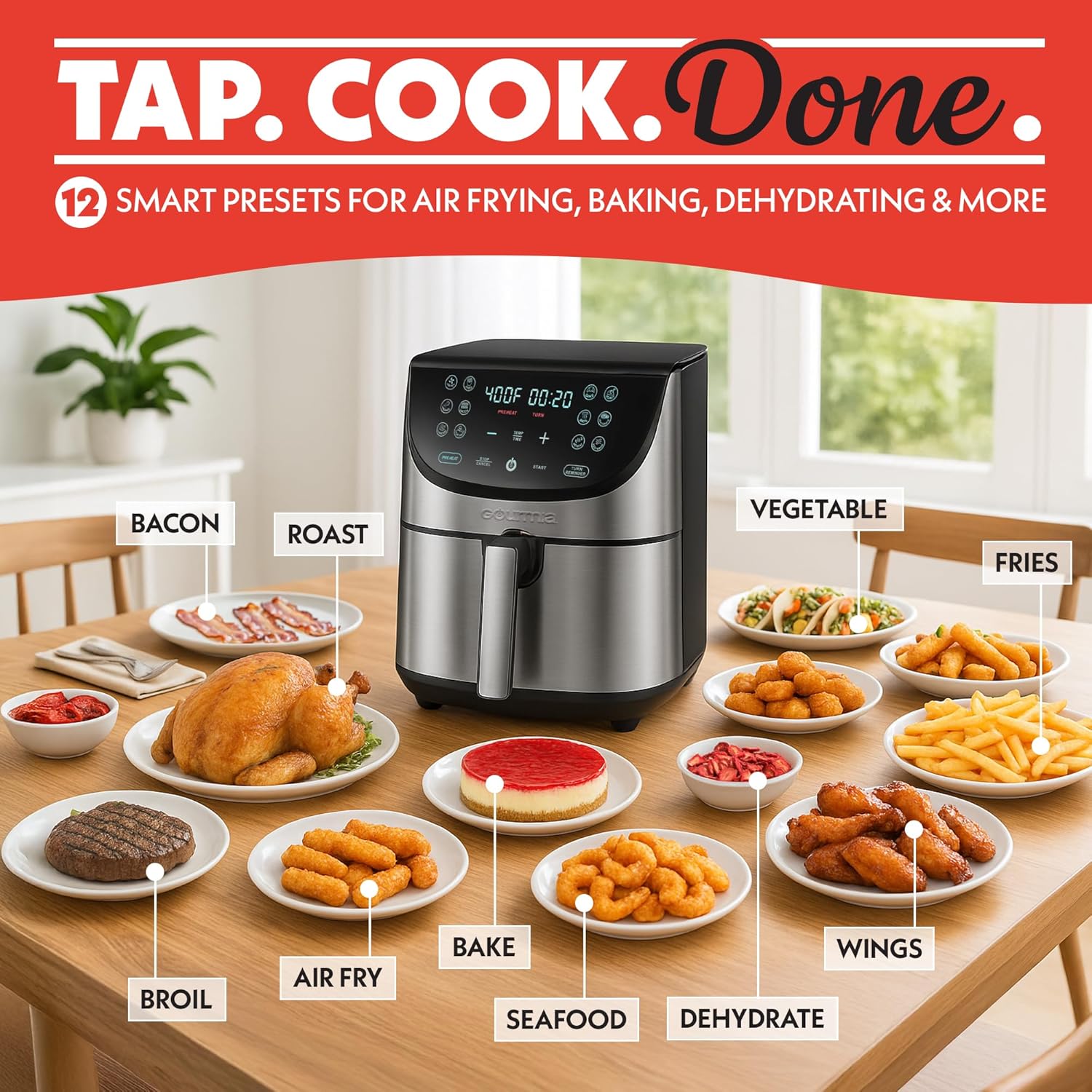 Gourmia Air Fryer - 8 Qt Extra Large Capacity, FryForce360º, Digital Display with 12 Presets, Roast, Bake, Broil, Dehydrate, Dishwasher Safe Accessories, Stainless Steel