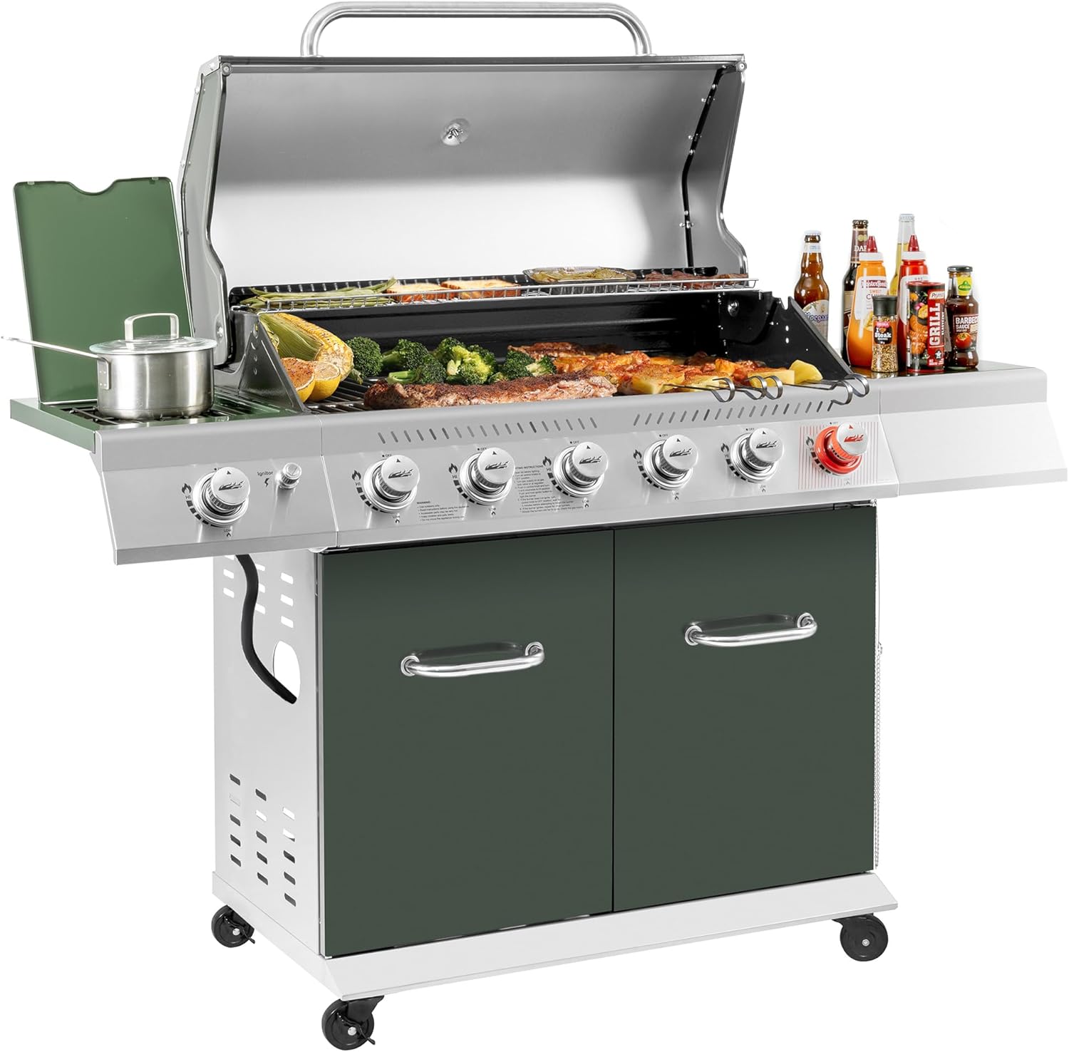 GA6402L 6-Burner BBQ Liquid Propane Gas Grill in Olive Green, with Sear Burner and Side Burner, 74,000 BTU, Cabinet Style Grill for Outdoor Grilling and Backyard Cooking, Olive Green
