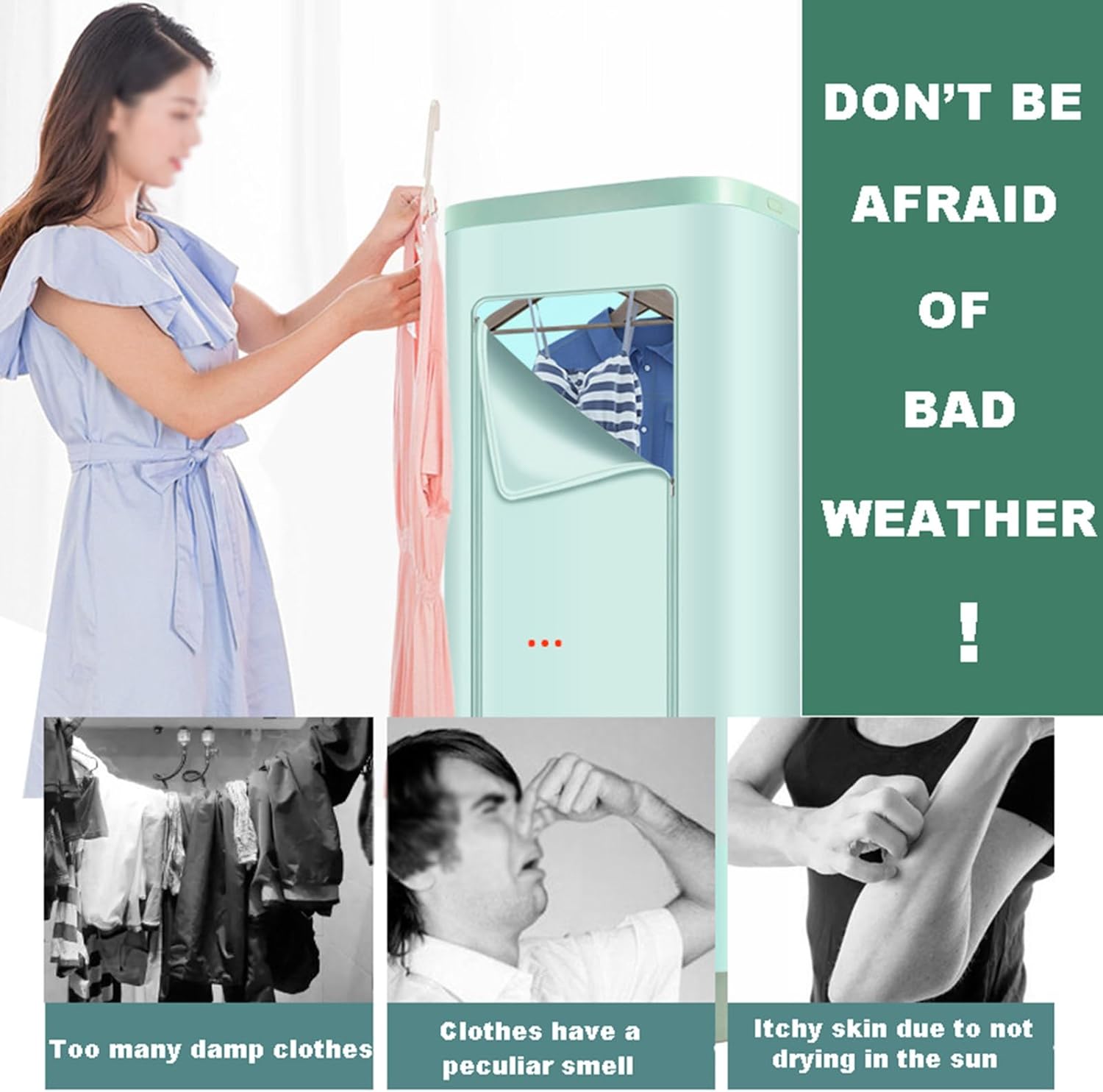 Travel Dryer - Foldable Drying Cabinet with Timing (30-300 Minutes) - Clothes Dryers with Castor - Hanging Clothes Steamer for Camping, Home - With 5 Clothes Racks,green